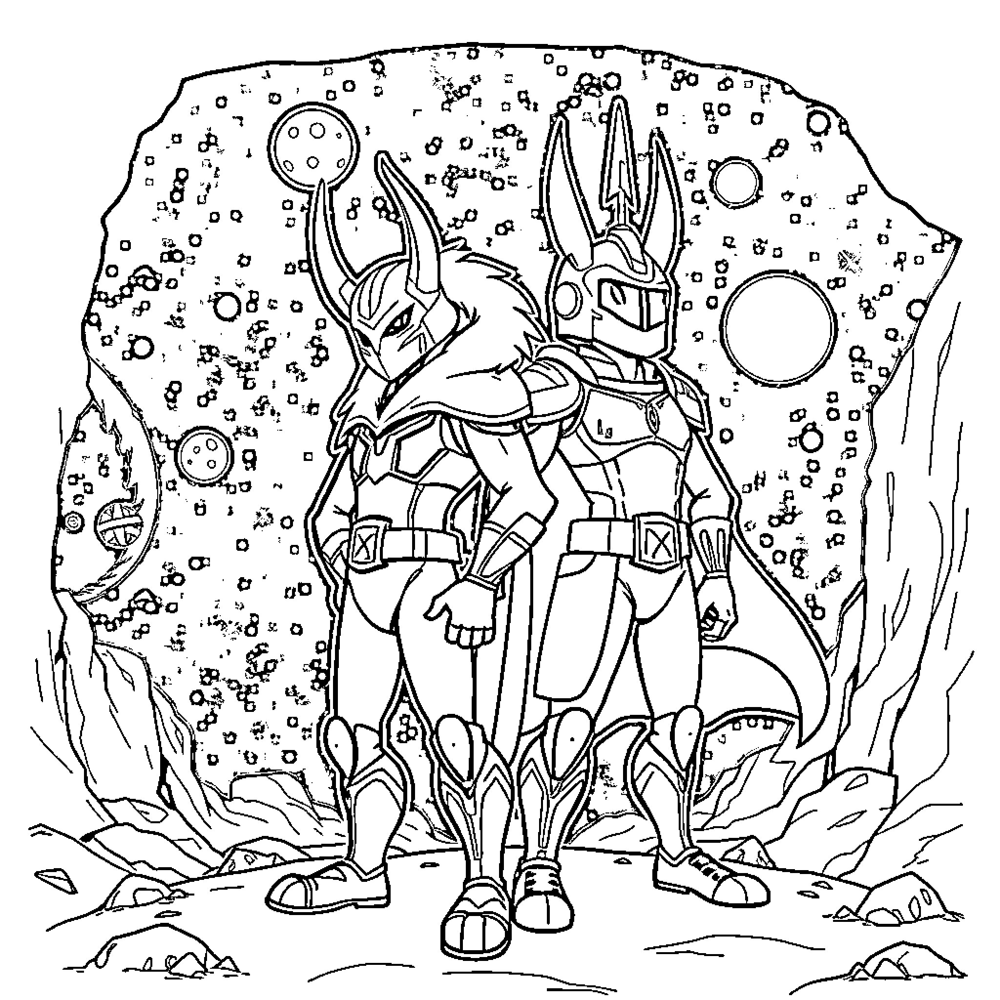 Goldorak battles mysterious foes in outer space Coloring Page (free black-and-white line drawing printable PDF for all, from beginners to advanced learners, including children, teens, adults, and seniors)