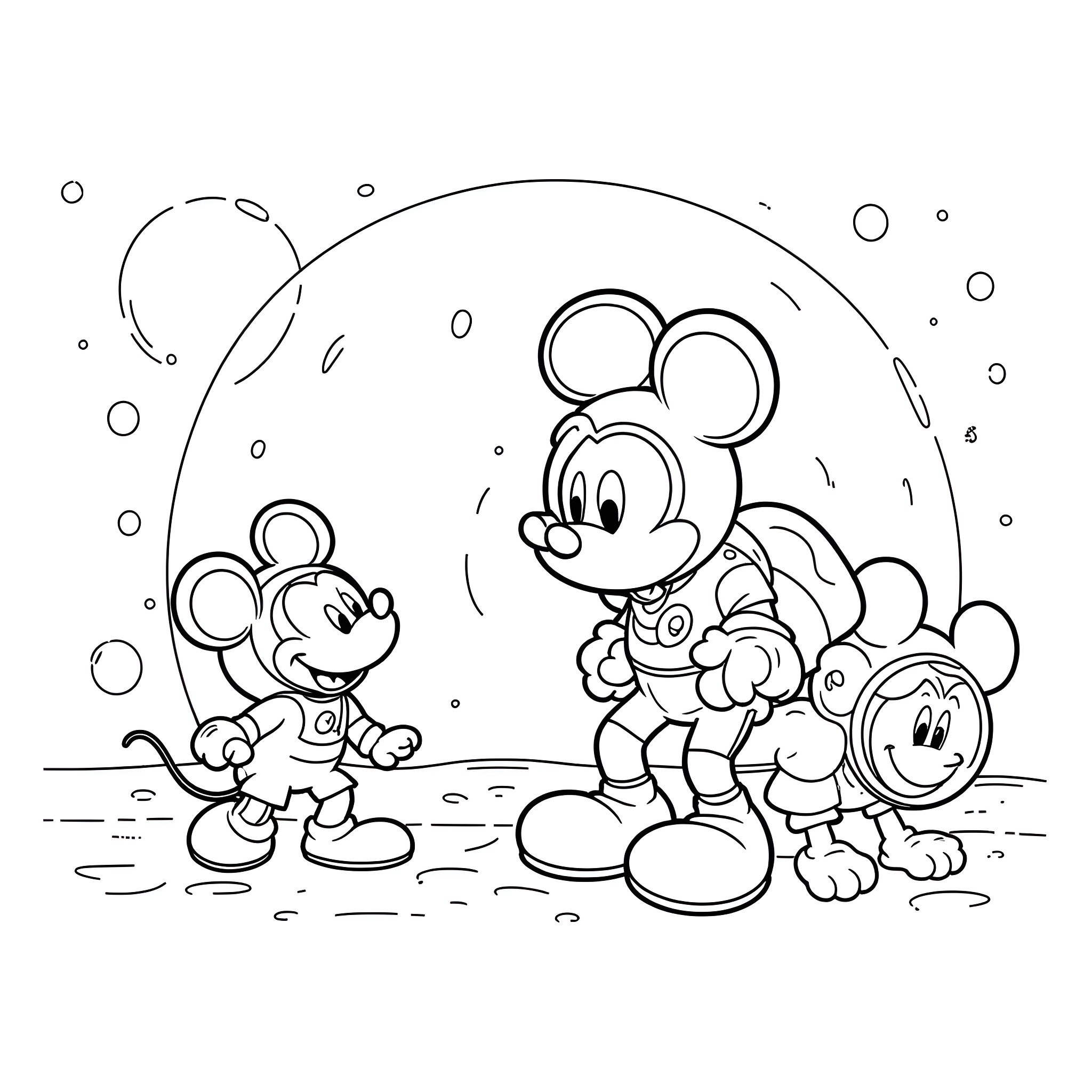 Mickey Mouse and friends enjoying a playful moment Coloring Page (free black-and-white line drawing printable PDF for all, from beginners to advanced learners, including children, teens, adults, and seniors)