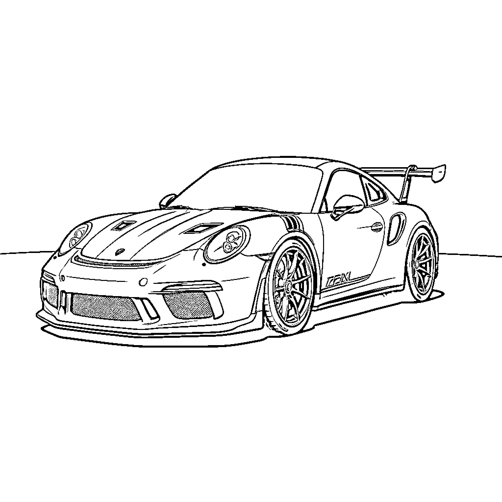 Porsche GT3 RS parked on a plain surface Coloring Page (free black-and-white line drawing printable PDF for all, from beginners to advanced learners, including children, teens, adults, and seniors)
