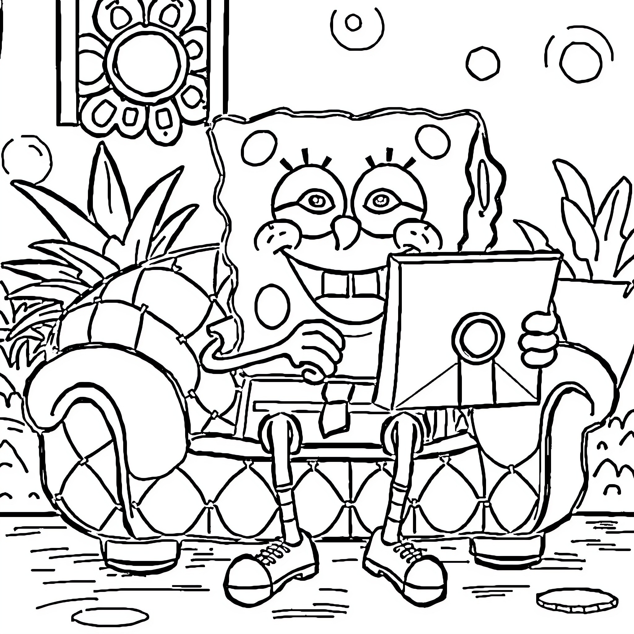 Spongebob making funny expressions and posing Coloring Page (free black-and-white line drawing printable PDF for all, from beginners to advanced learners, including children, teens, adults, and seniors)