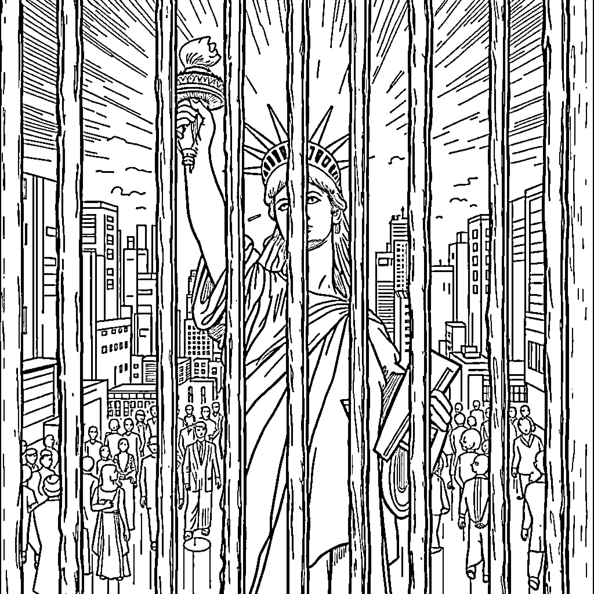 Statue Of Liberty Overlooking Bustling City Coloring Page (free black-and-white line drawing printable PDF for all, from beginners to advanced learners, including children, teens, adults, and seniors)