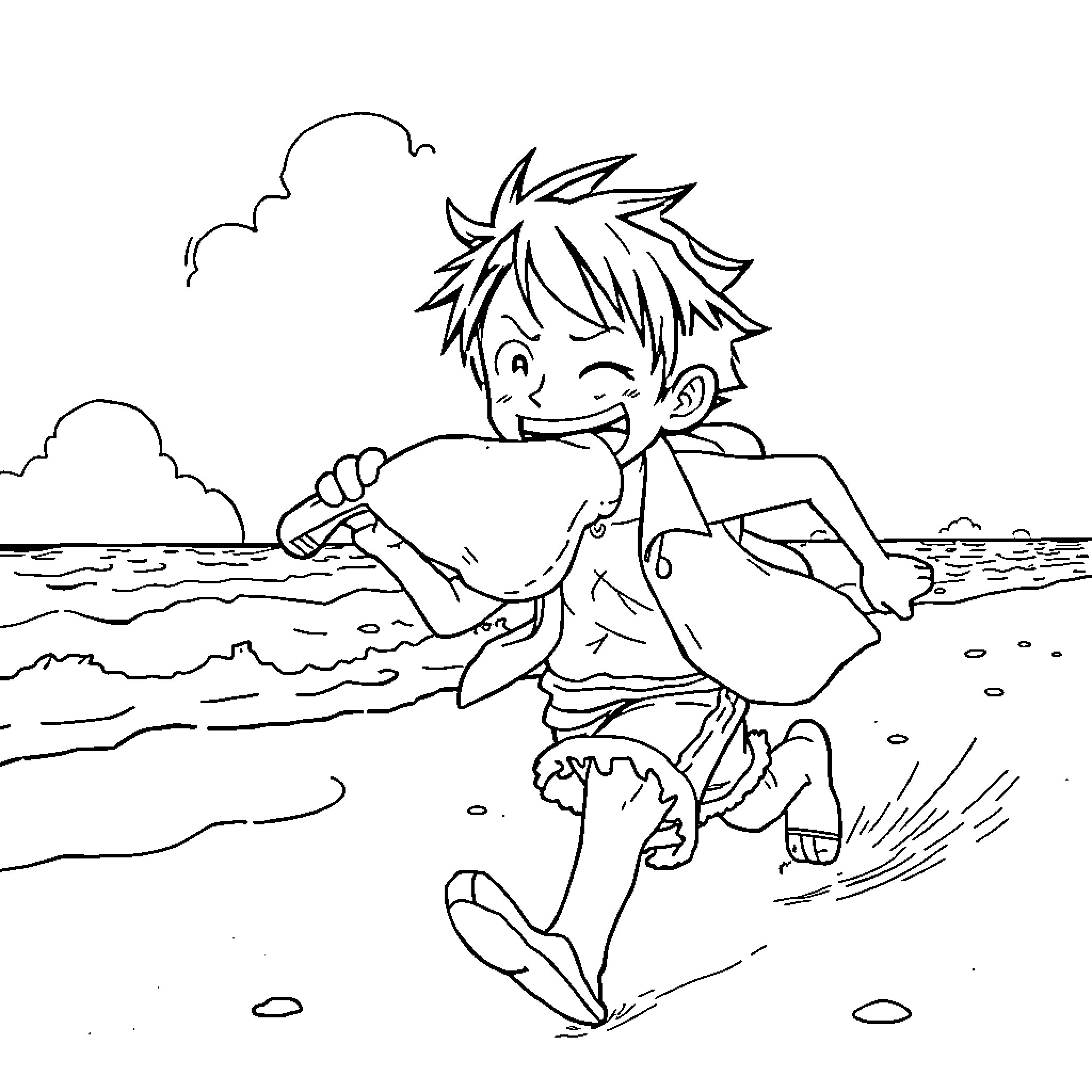 Monkey playing joyfully at the beach Coloring Page (free black-and-white line drawing printable PDF for all, from beginners to advanced learners, including children, teens, adults, and seniors)
