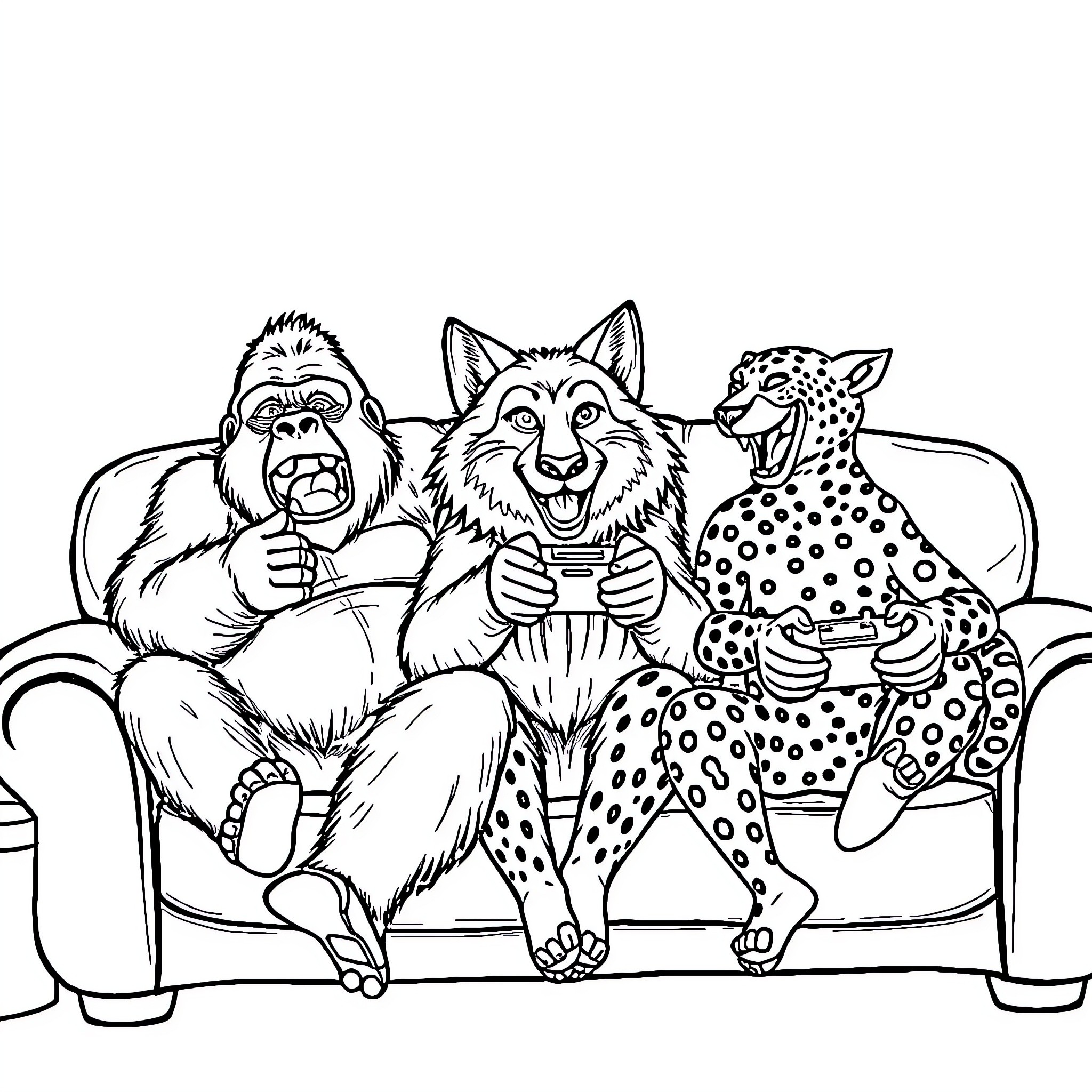 Gorilla, wolf, and leopard relaxing on a couch Coloring Page (free black-and-white line drawing printable PDF for all, from beginners to advanced learners, including children, teens, adults, and seniors)