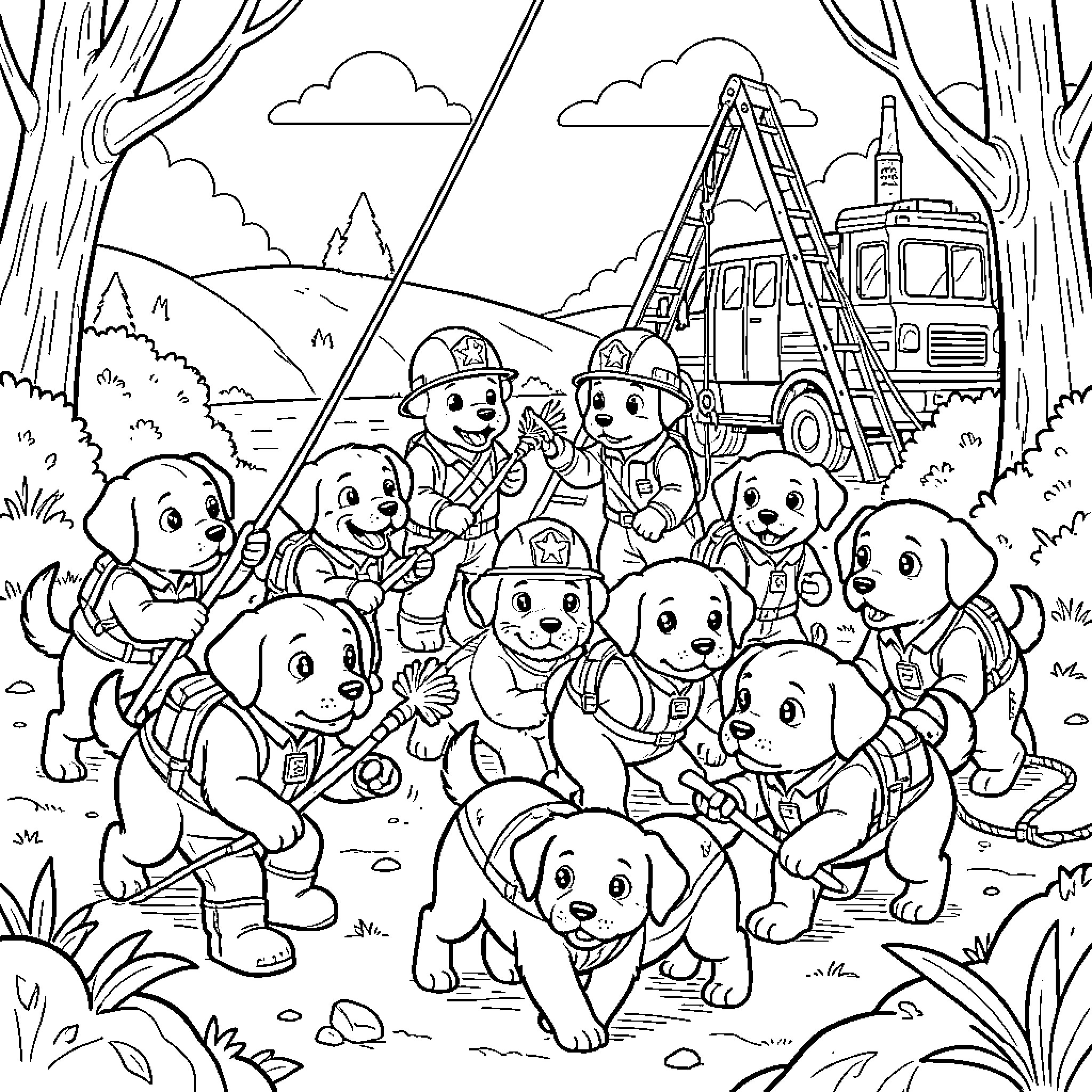 Paw Patrol pups working together on a rescue mission Coloring Page (free black-and-white line drawing printable PDF for all, from beginners to advanced learners, including children, teens, adults, and seniors)