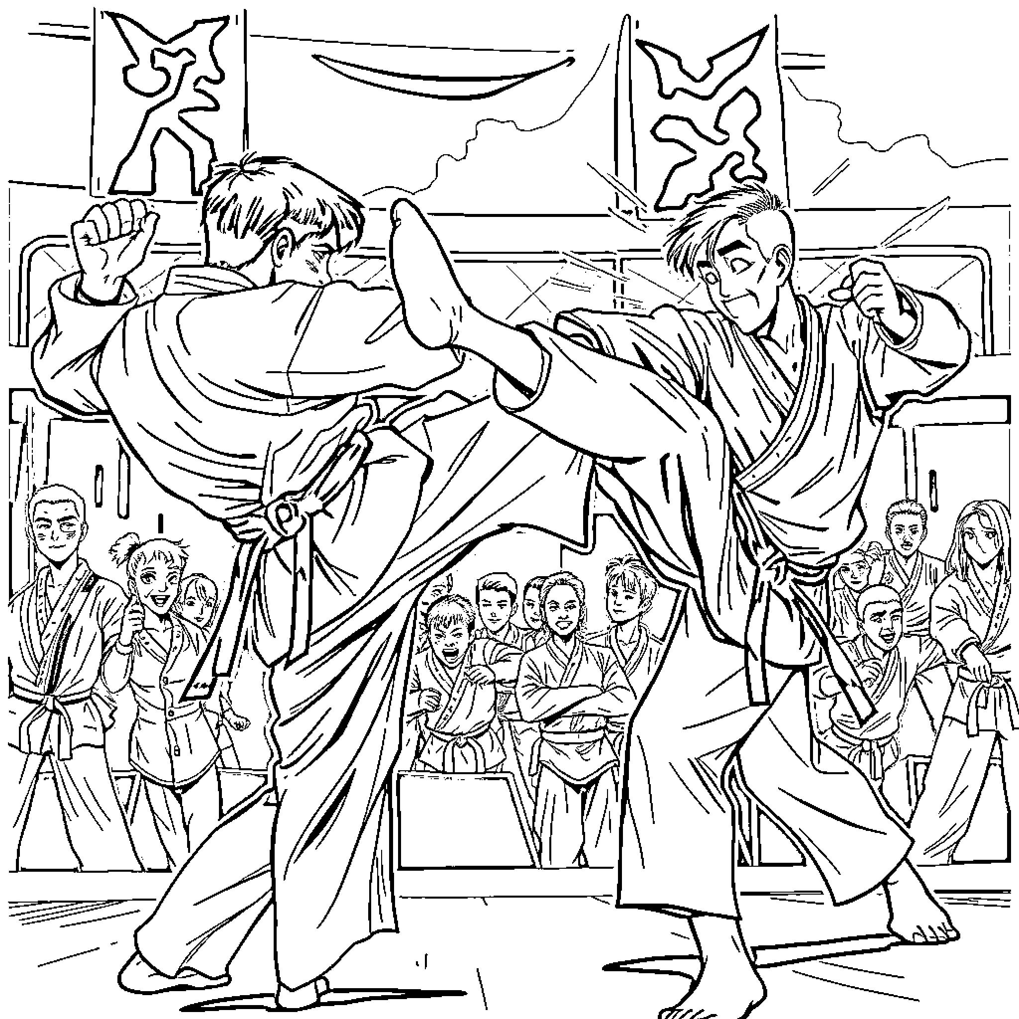 Cobra Kai martial arts competition scene Coloring Page (free black-and-white line drawing printable PDF for all, from beginners to advanced learners, including children, teens, adults, and seniors)
