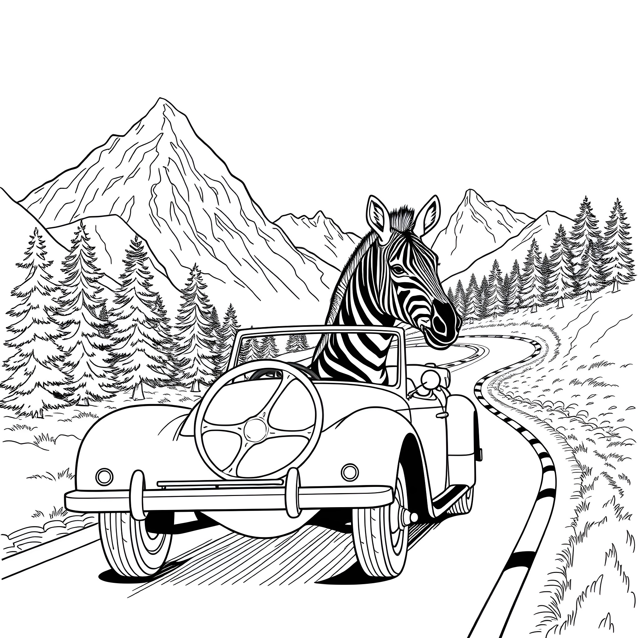 Zebra riding in a vintage car through the mountains Coloring Page (free black-and-white line drawing printable PDF for all, from beginners to advanced learners, including children, teens, adults, and seniors)