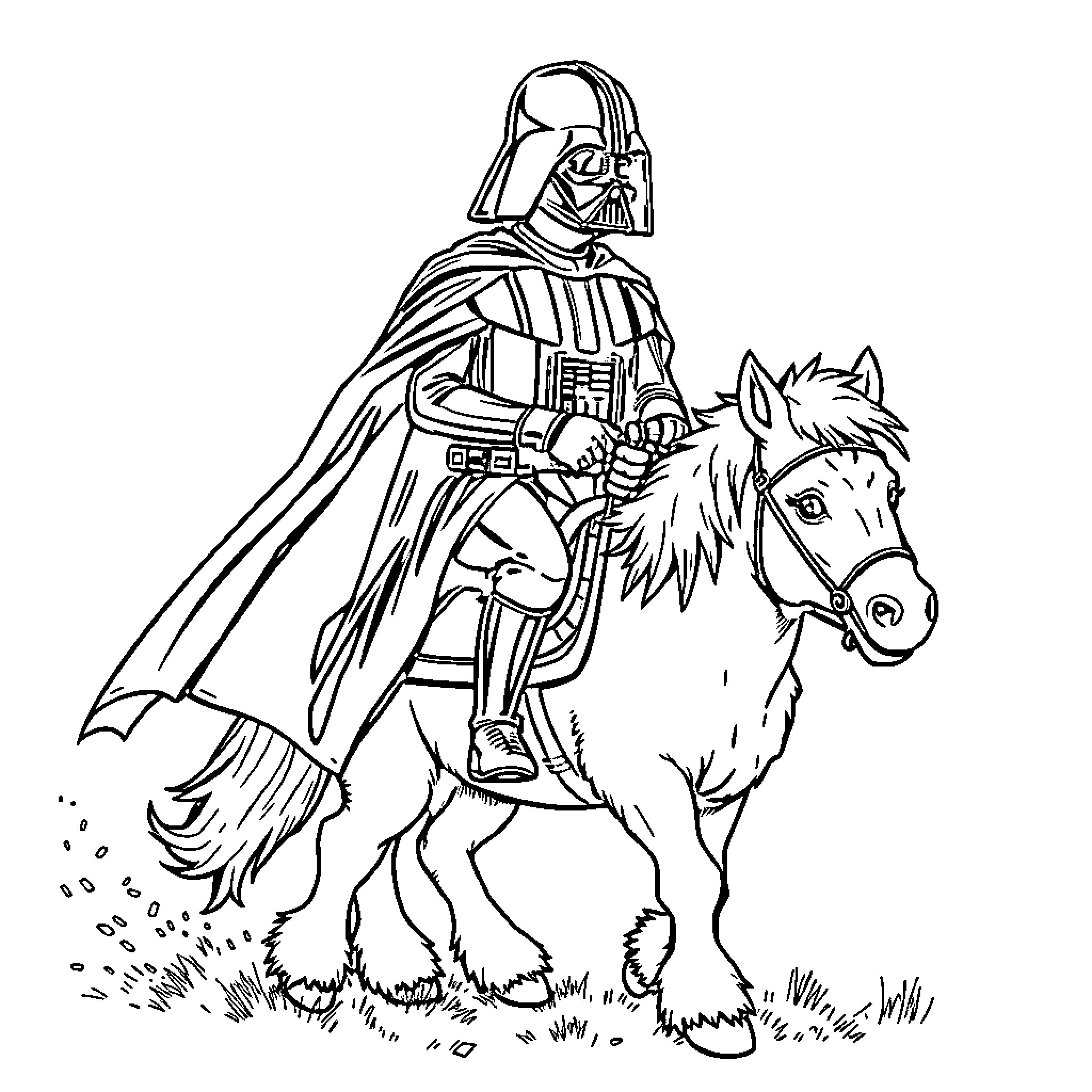 Darth Vader riding a horse in an outdoor scene Coloring Page (free black-and-white line drawing printable PDF for all, from beginners to advanced learners, including children, teens, adults, and seniors)