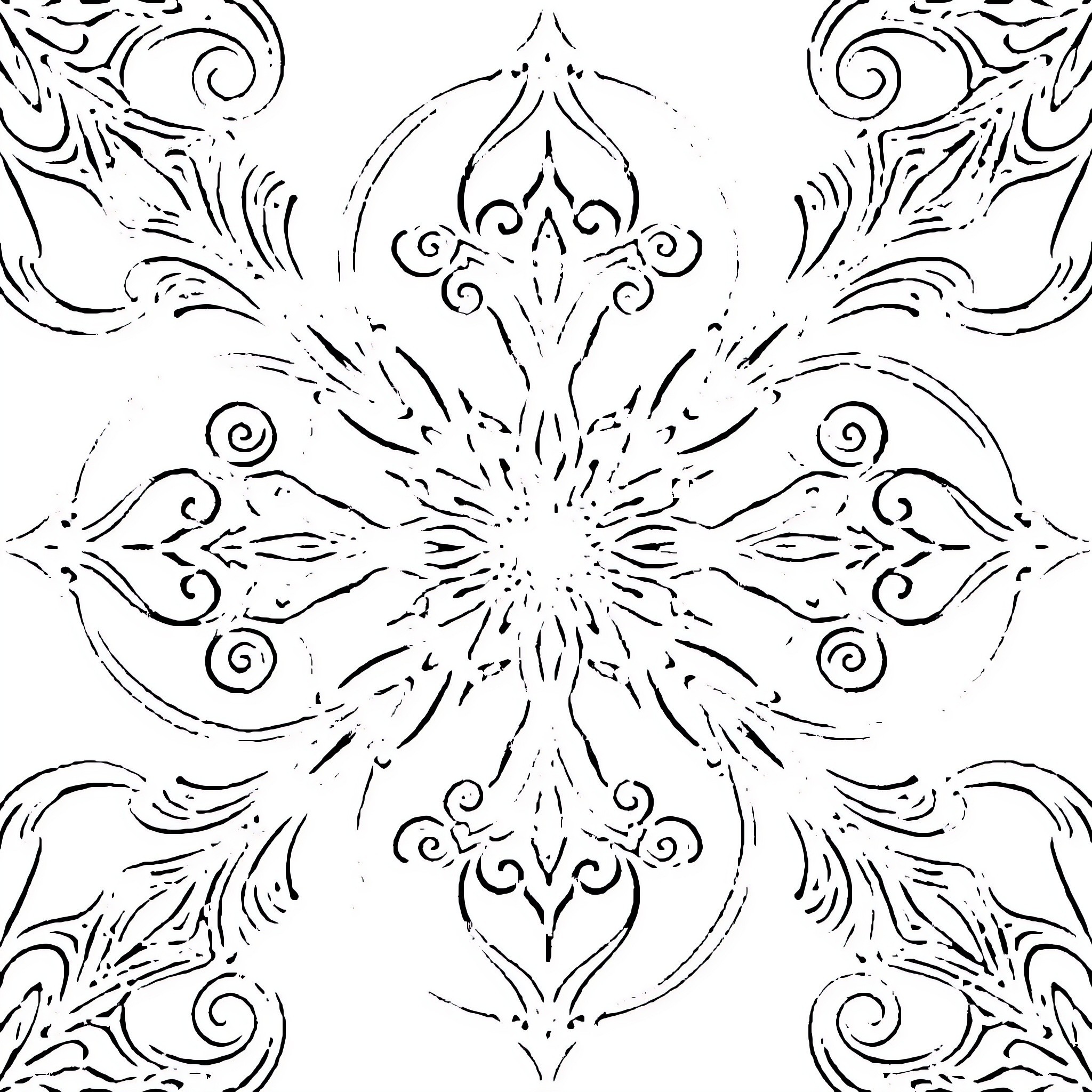 Fractal Floral Symmetry Pattern Coloring Page (free black-and-white line drawing printable PDF for all, from beginners to advanced learners, including children, teens, adults, and seniors)