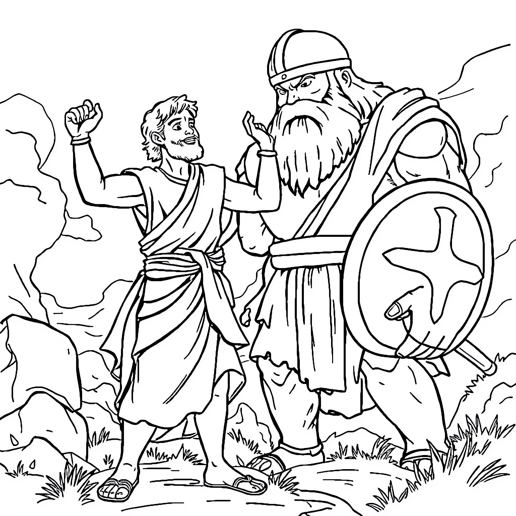 David Defeating the Giant Goliath in Battle Coloring Page (free black-and-white line drawing printable PDF for all, from beginners to advanced learners, including children, teens, adults, and seniors)