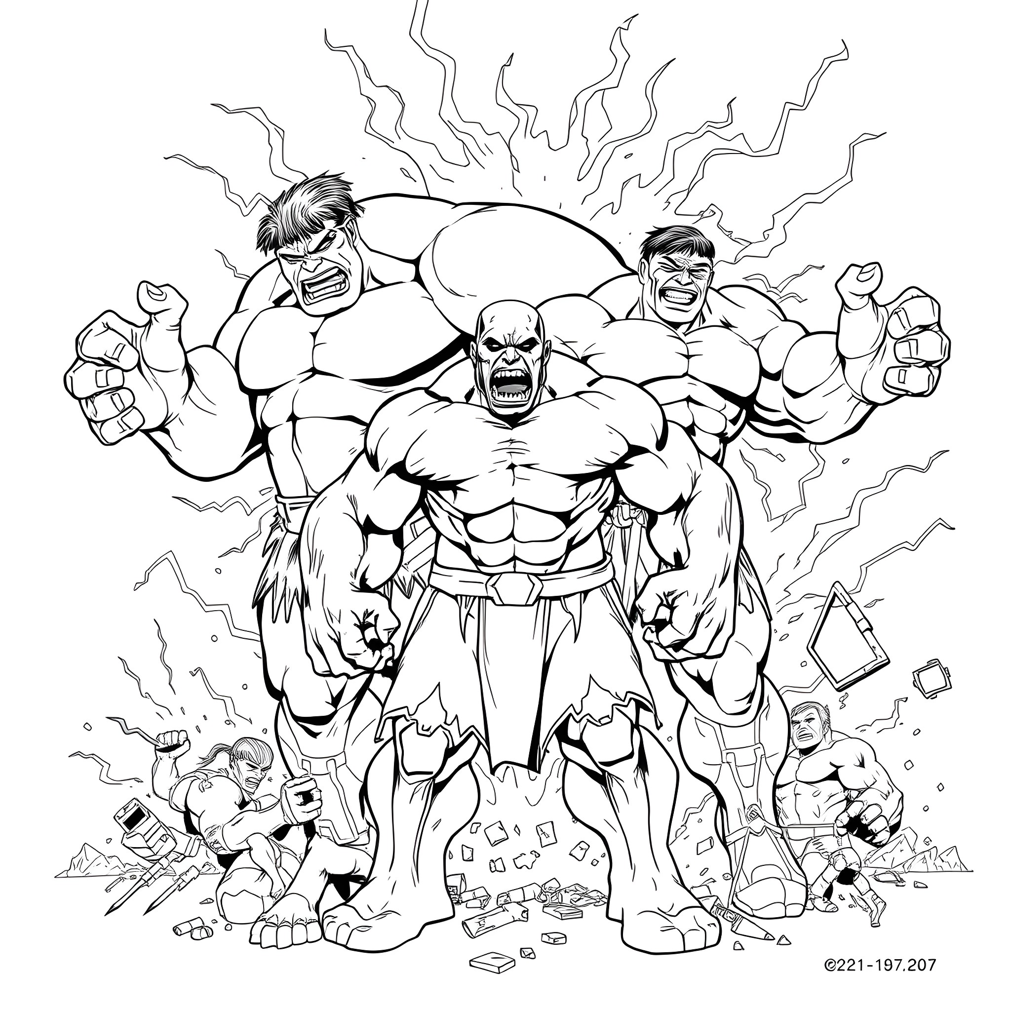 Hulk Superheroes Battling Fiercely in Action Coloring Page (free black-and-white line drawing printable PDF for all, from beginners to advanced learners, including children, teens, adults, and seniors)