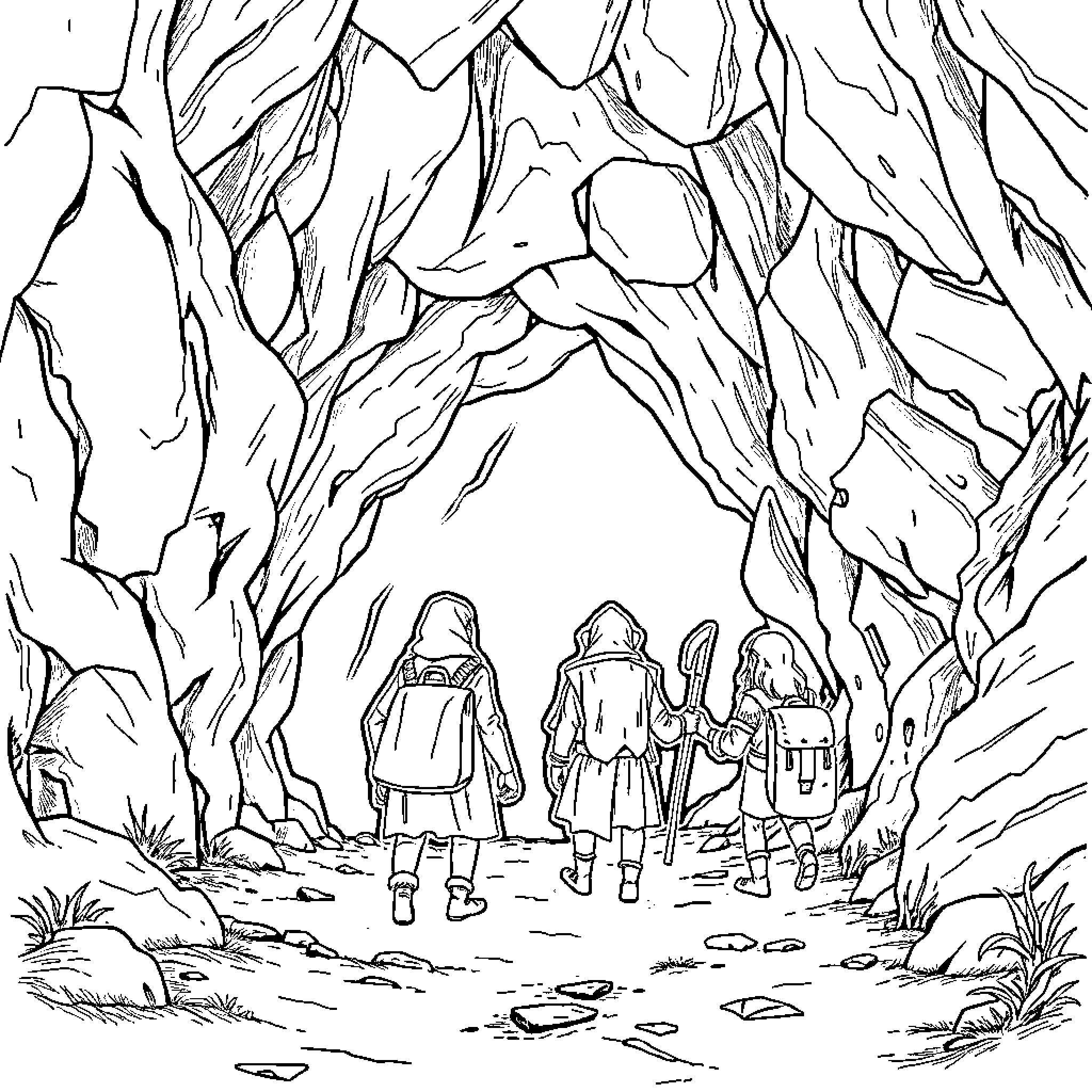 Travelers Exploring the Mountainous Wilderness Coloring Page (free black-and-white line drawing printable PDF for all, from beginners to advanced learners, including children, teens, adults, and seniors)