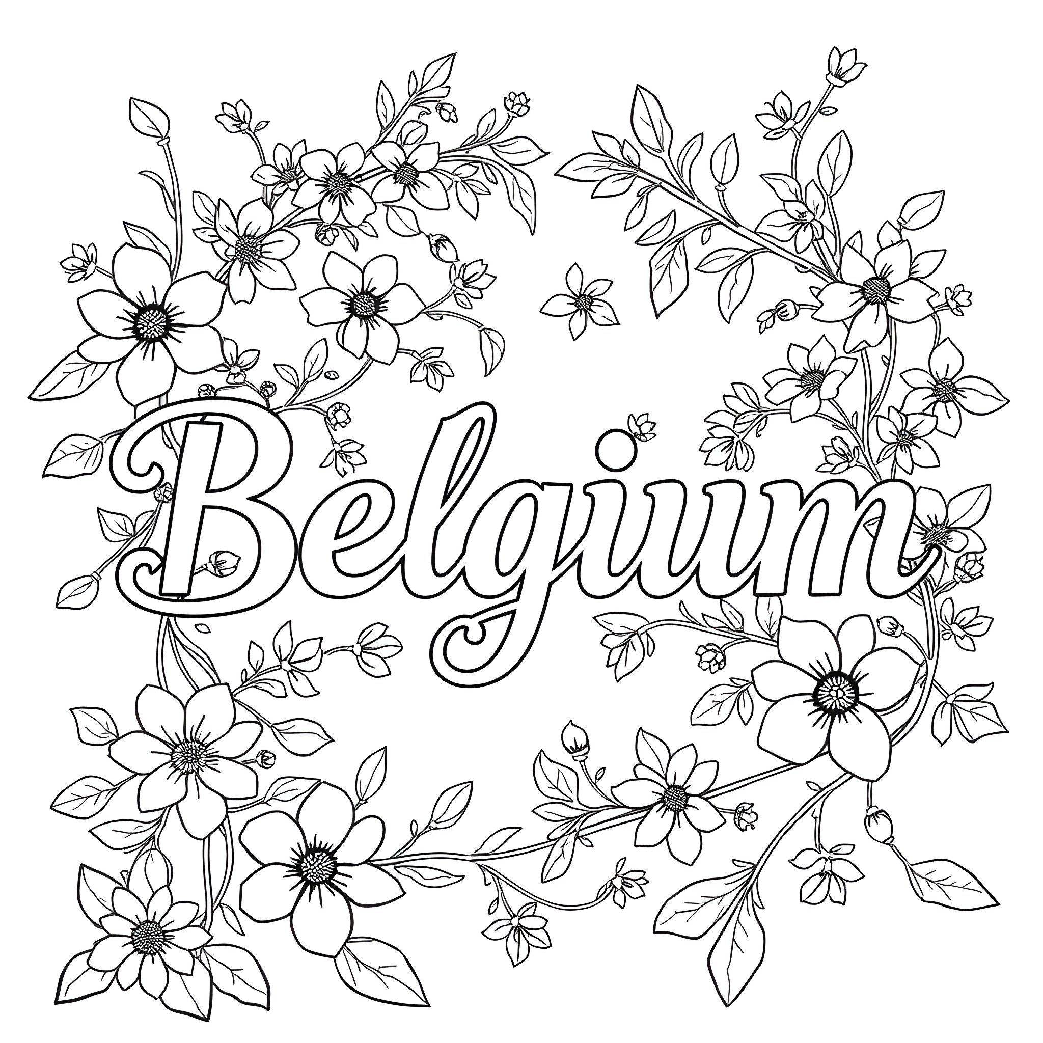 Belgium floral scene with blooming flowers Coloring Page (free black-and-white line drawing printable PDF for all, from beginners to advanced learners, including children, teens, adults, and seniors)