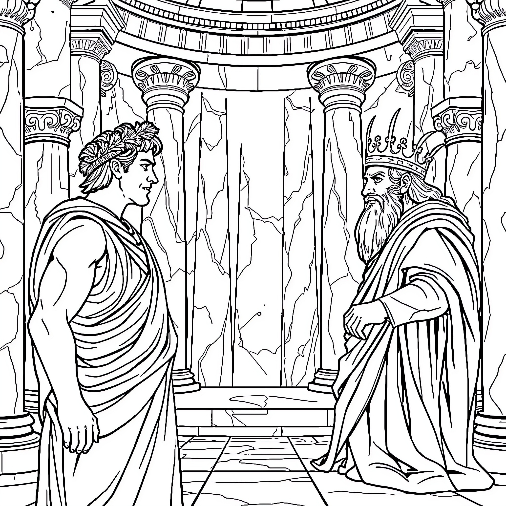 Prince Meets With Regal Figure in Ornate Palace Coloring Page (free black-and-white line drawing printable PDF for all, from beginners to advanced learners, including children, teens, adults, and seniors)