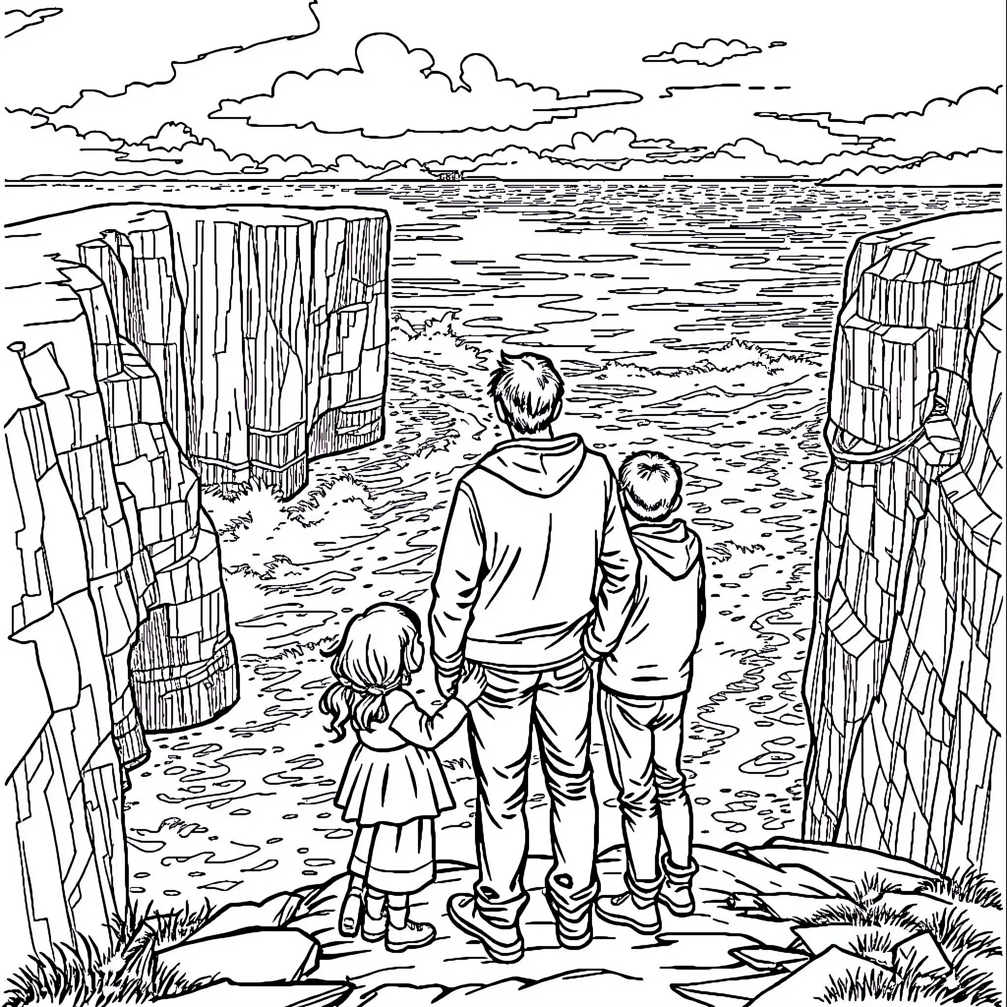 Dad and kids exploring the beach Coloring Page (free black-and-white line drawing printable PDF for all, from beginners to advanced learners, including children, teens, adults, and seniors)