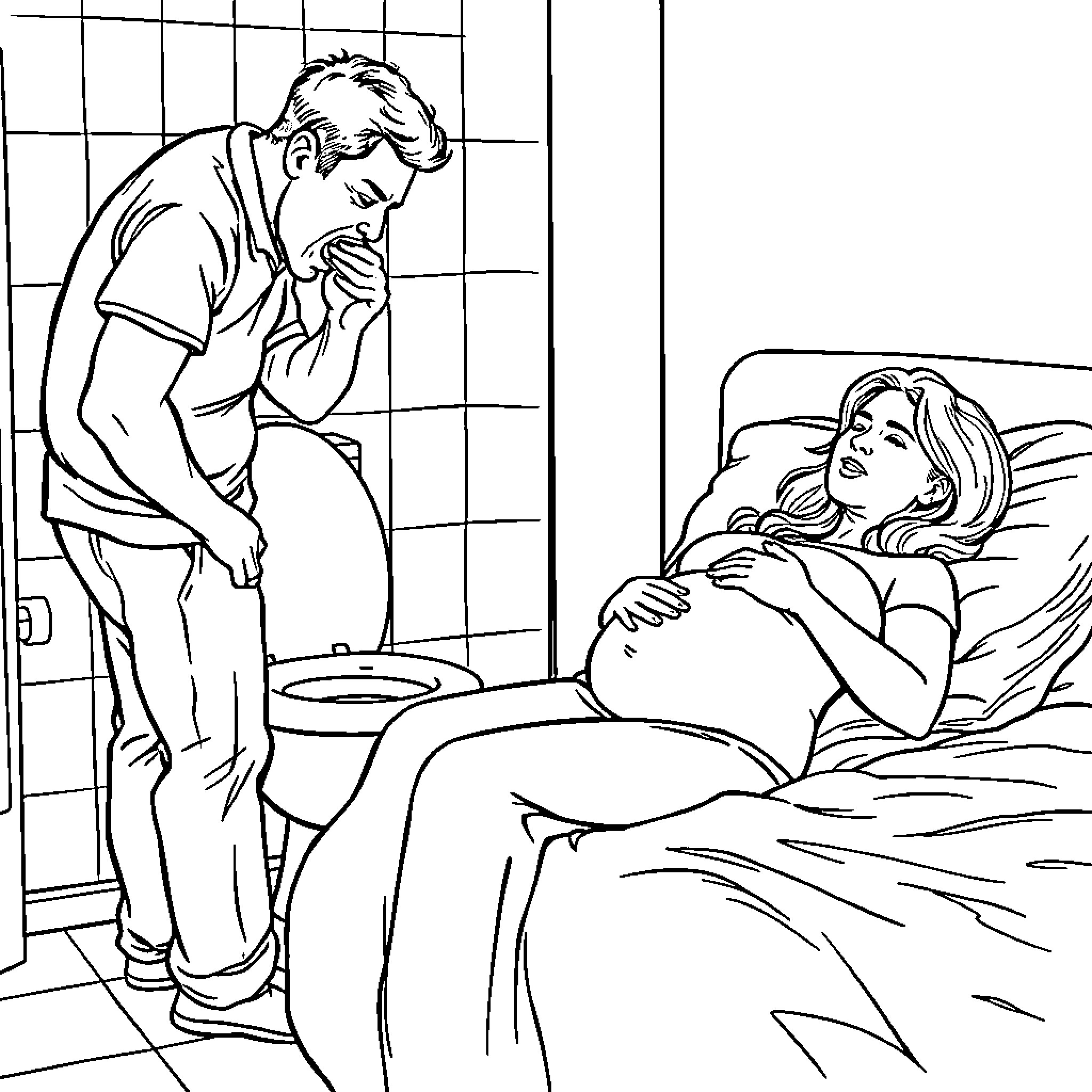 Husband comforts and cares for his pregnant wife Coloring Page (free black-and-white line drawing printable PDF for all, from beginners to advanced learners, including children, teens, adults, and seniors)