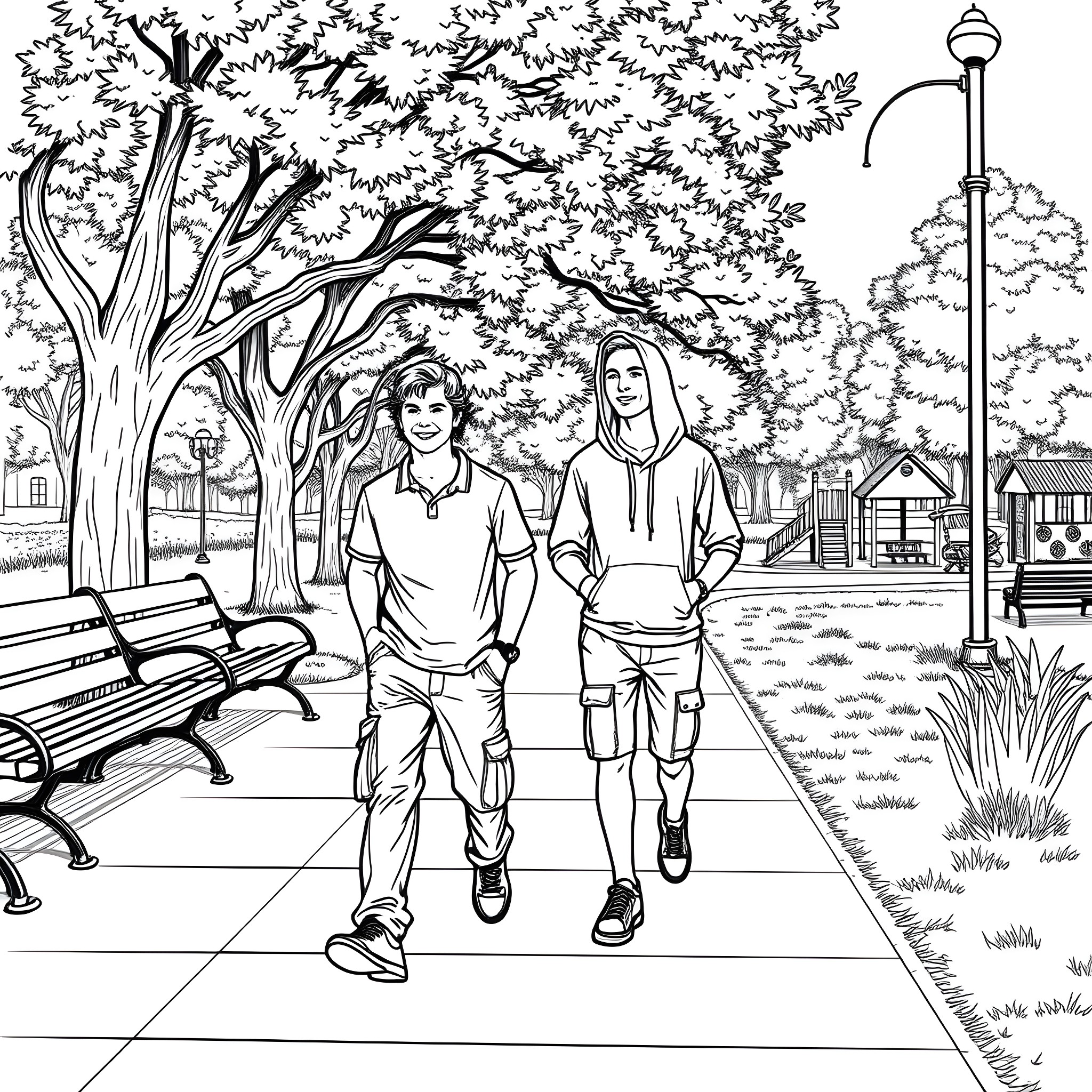 Teen Guys Walking Together in the Park Coloring Page (free black-and-white line drawing printable PDF for all, from beginners to advanced learners, including children, teens, adults, and seniors)