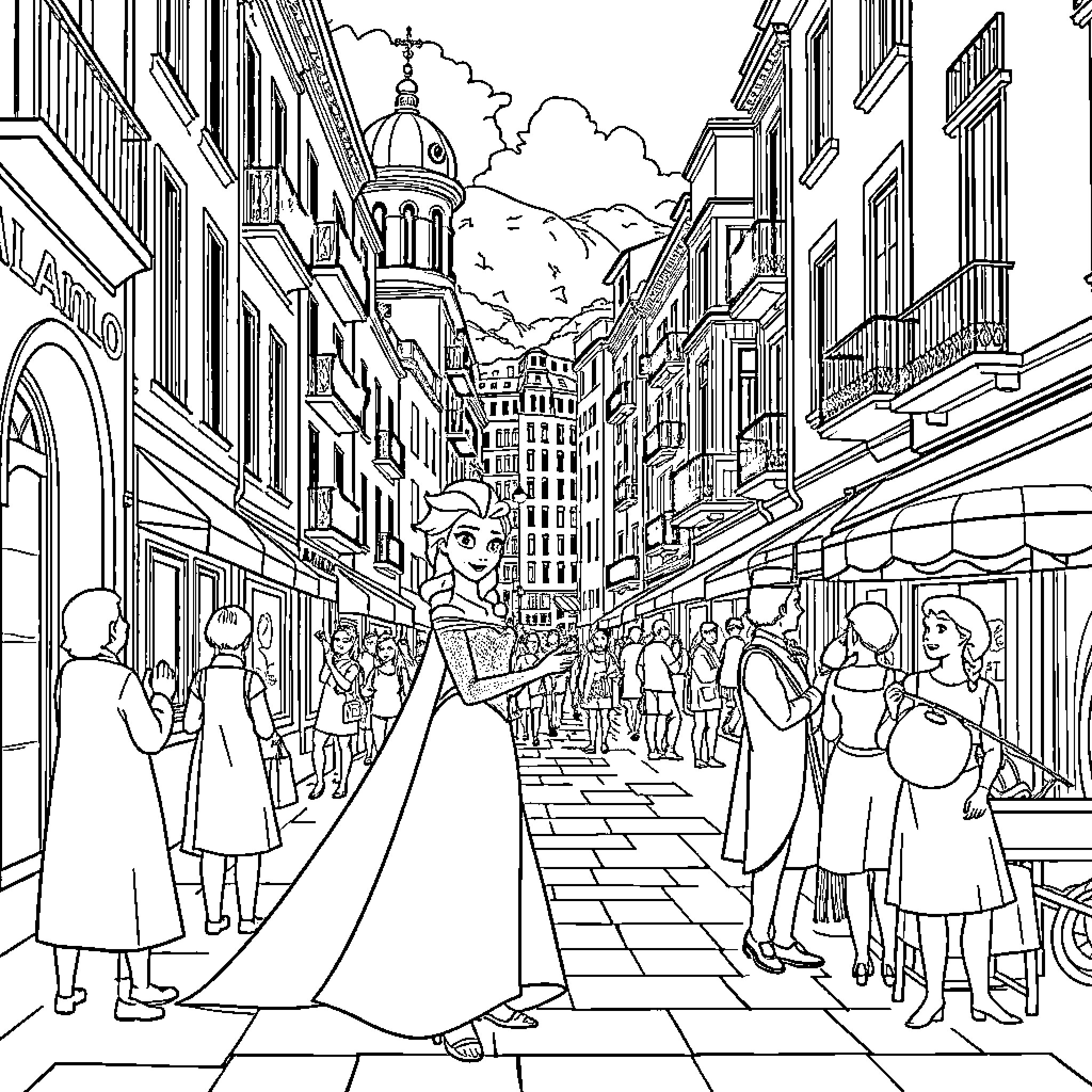 Frozen Cityscape with Bustling Street Scene Coloring Page (free black-and-white line drawing printable PDF for all, from beginners to advanced learners, including children, teens, adults, and seniors)