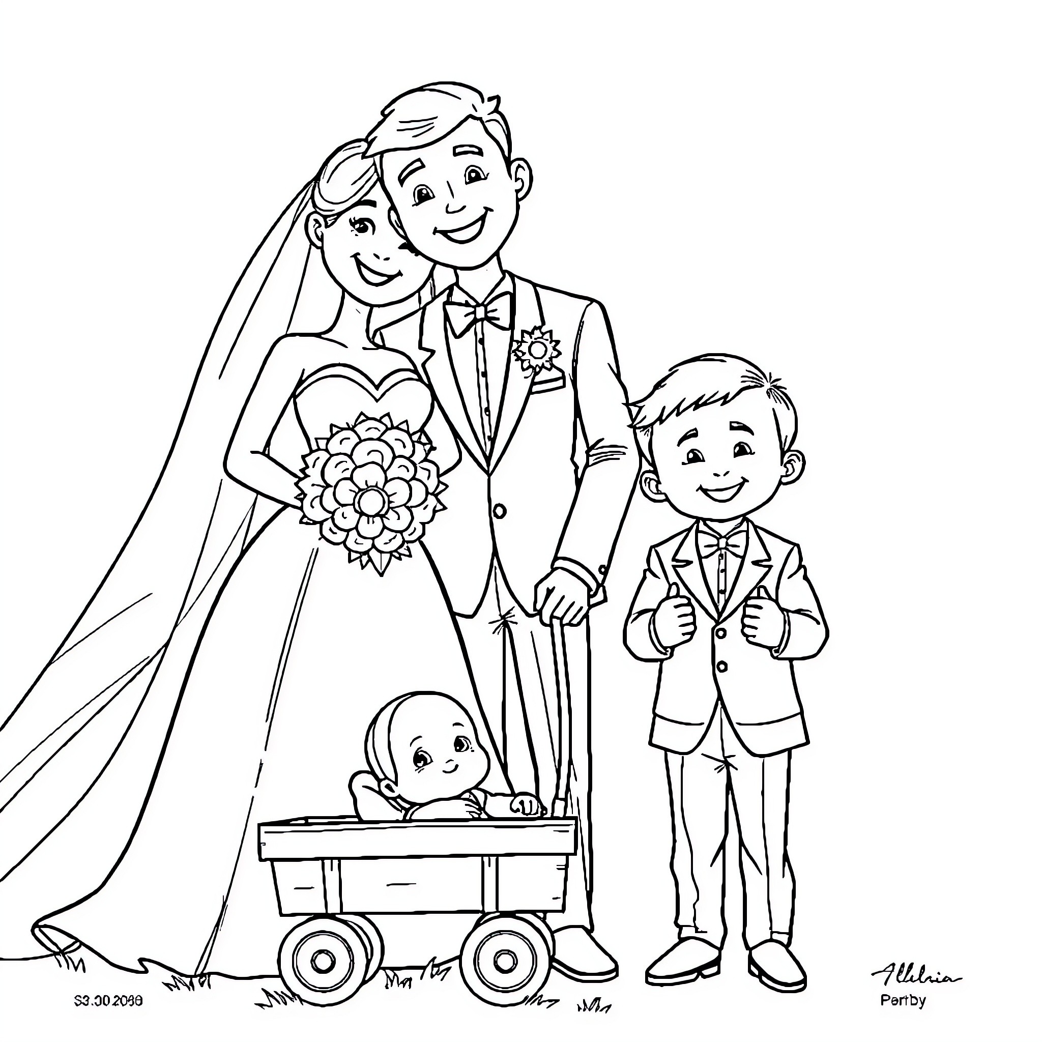 Bride and Groom with Joyful Family at Wedding Coloring Page (free black-and-white line drawing printable PDF for all, from beginners to advanced learners, including children, teens, adults, and seniors)
