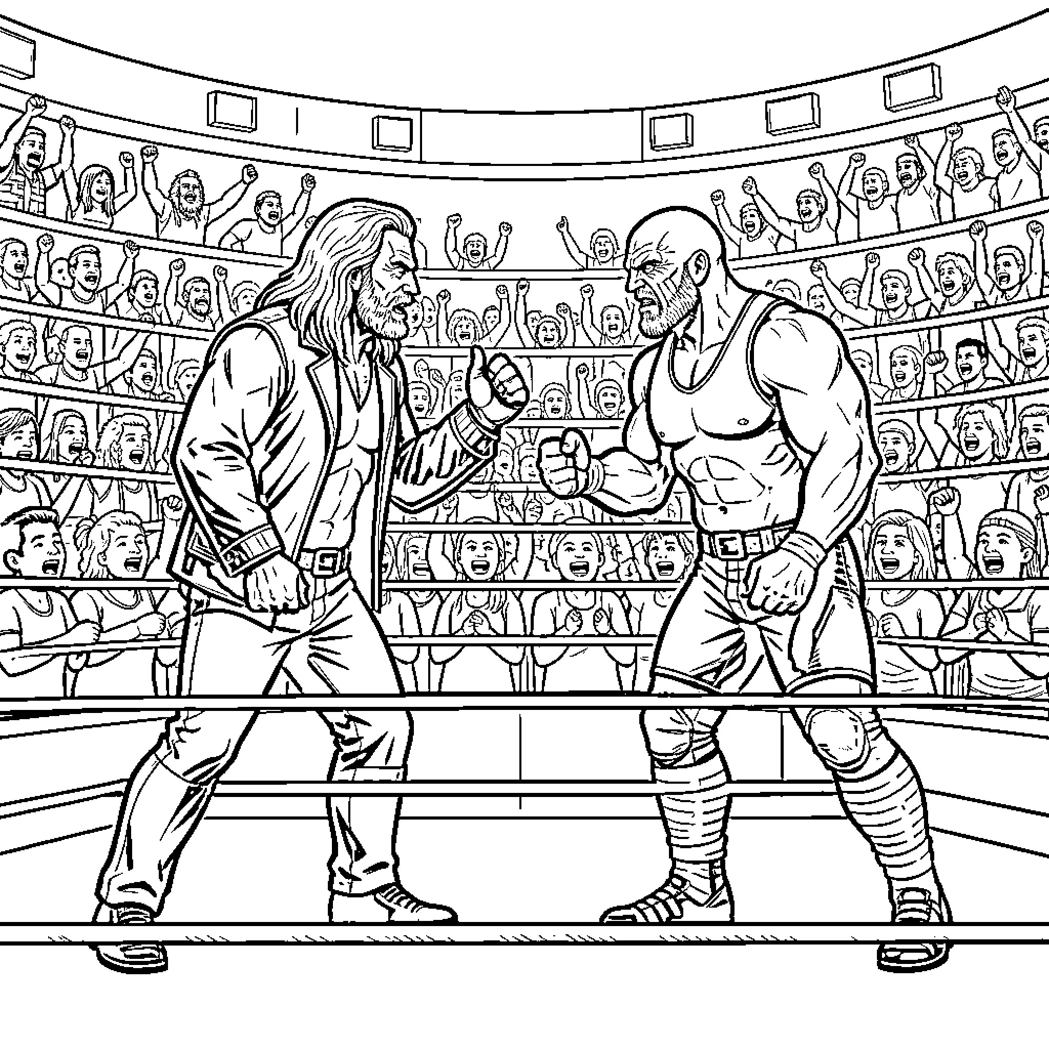 Undertaker confronts muscular wrestler in arena Coloring Page (free black-and-white line drawing printable PDF for all, from beginners to advanced learners, including children, teens, adults, and seniors)