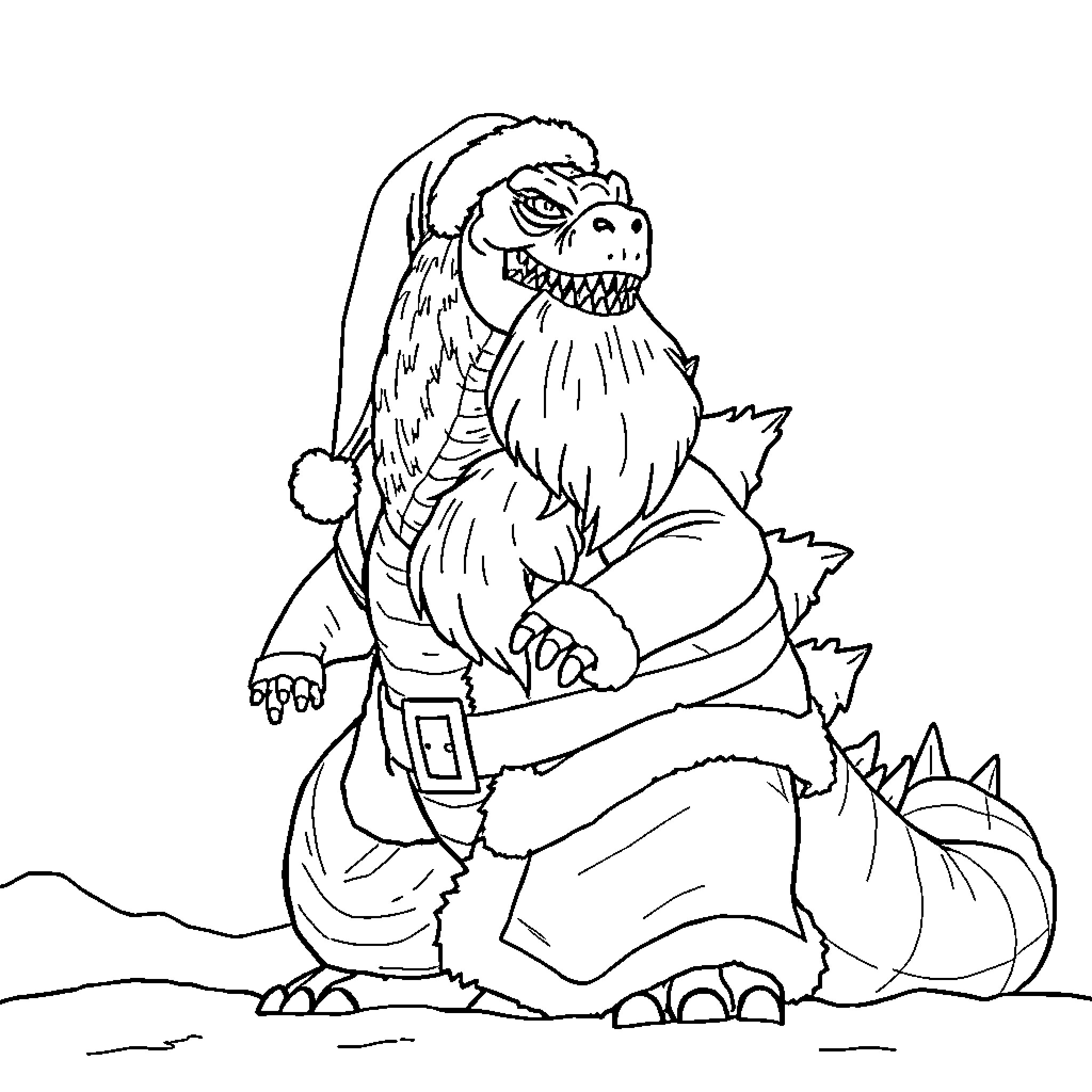 Godzilla in a holiday costume Coloring Page (free black-and-white line drawing printable PDF for all, from beginners to advanced learners, including children, teens, adults, and seniors)