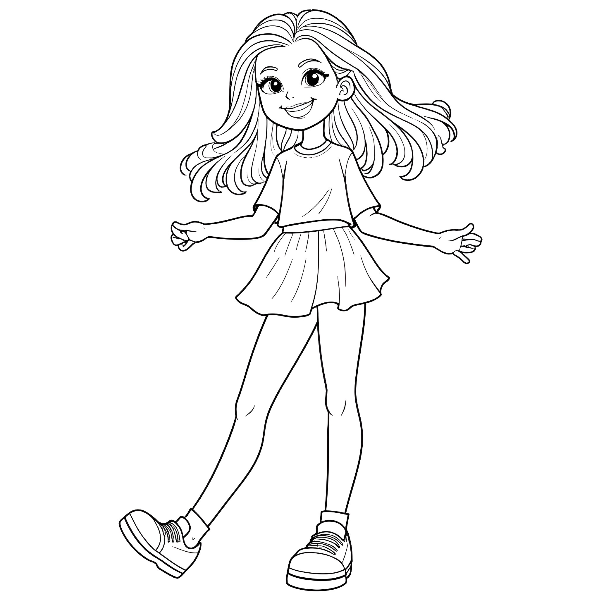 Girl in a happy, carefree pose Coloring Page (free black-and-white line drawing printable PDF for all, from beginners to advanced learners, including children, teens, adults, and seniors)