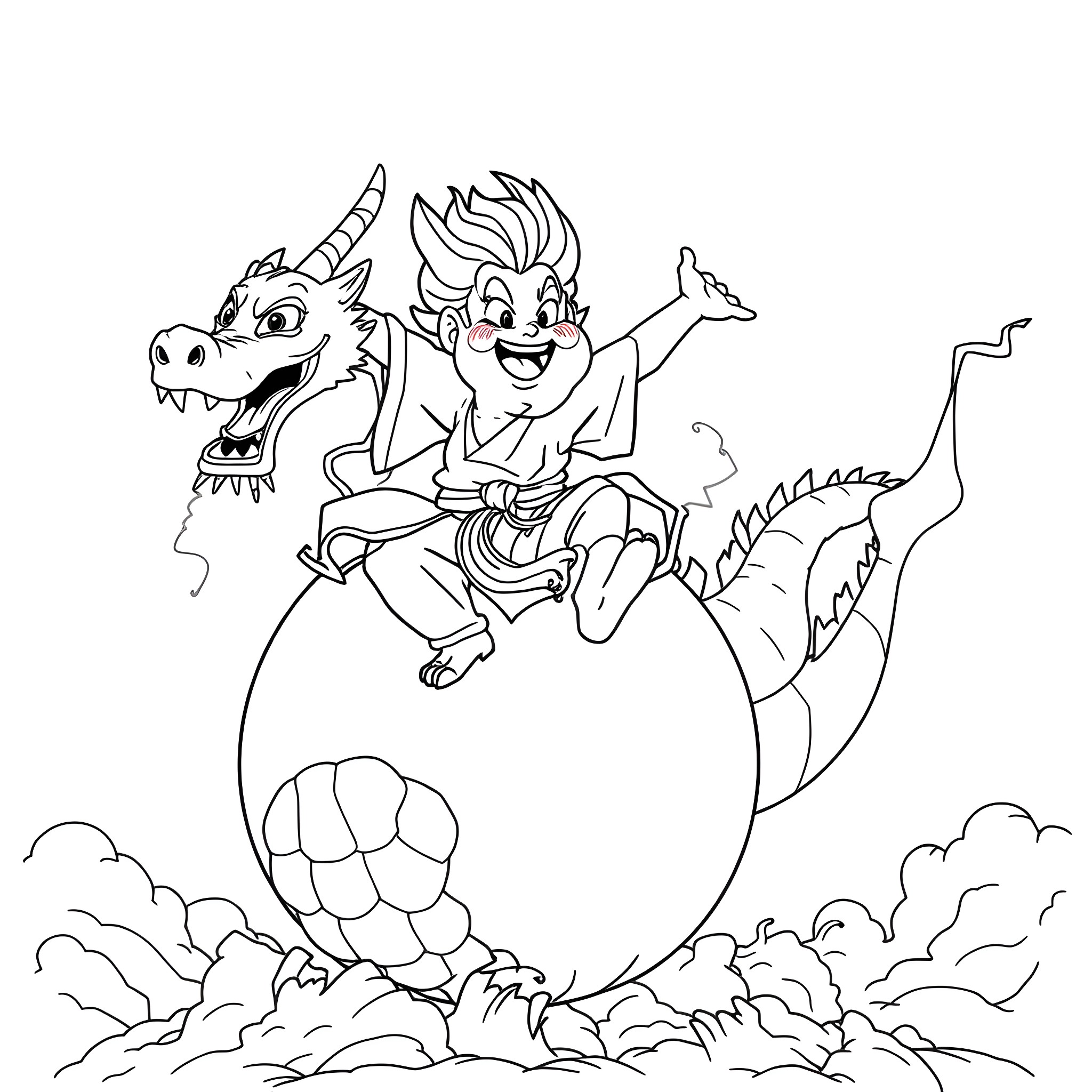 Sangoku's playful adventure with a dragon in the sky Coloring Page (free black-and-white line drawing printable PDF for all, from beginners to advanced learners, including children, teens, adults, and seniors)