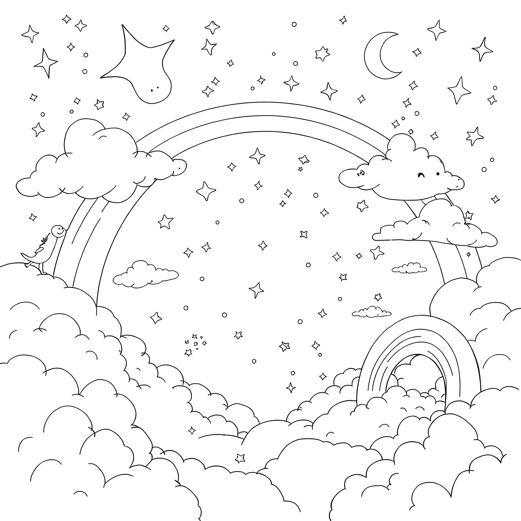 Cartoon whimsical night sky with moon and stars Coloring Page (free black-and-white line drawing printable PDF for all, from beginners to advanced learners, including children, teens, adults, and seniors)