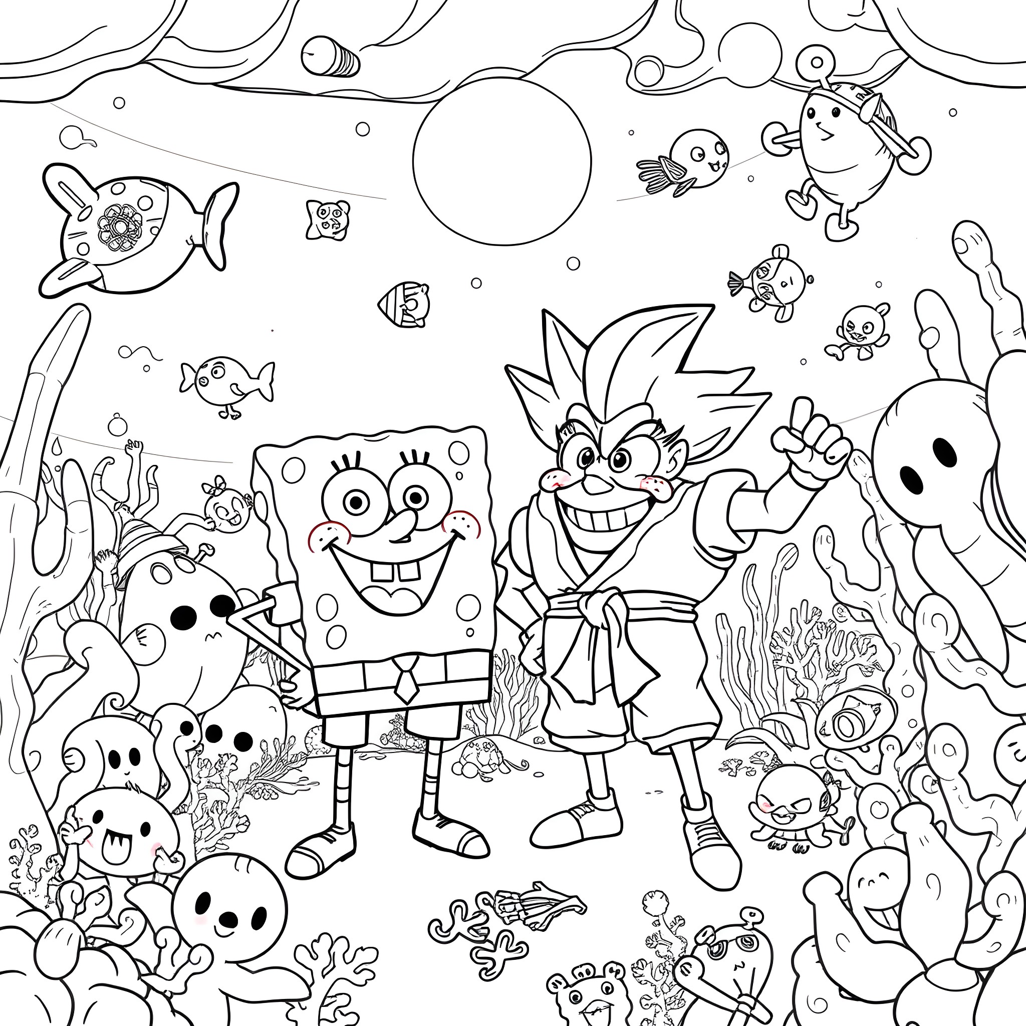 Spongebob and friends in an underwater wonderland Coloring Page (free black-and-white line drawing printable PDF for all, from beginners to advanced learners, including children, teens, adults, and seniors)