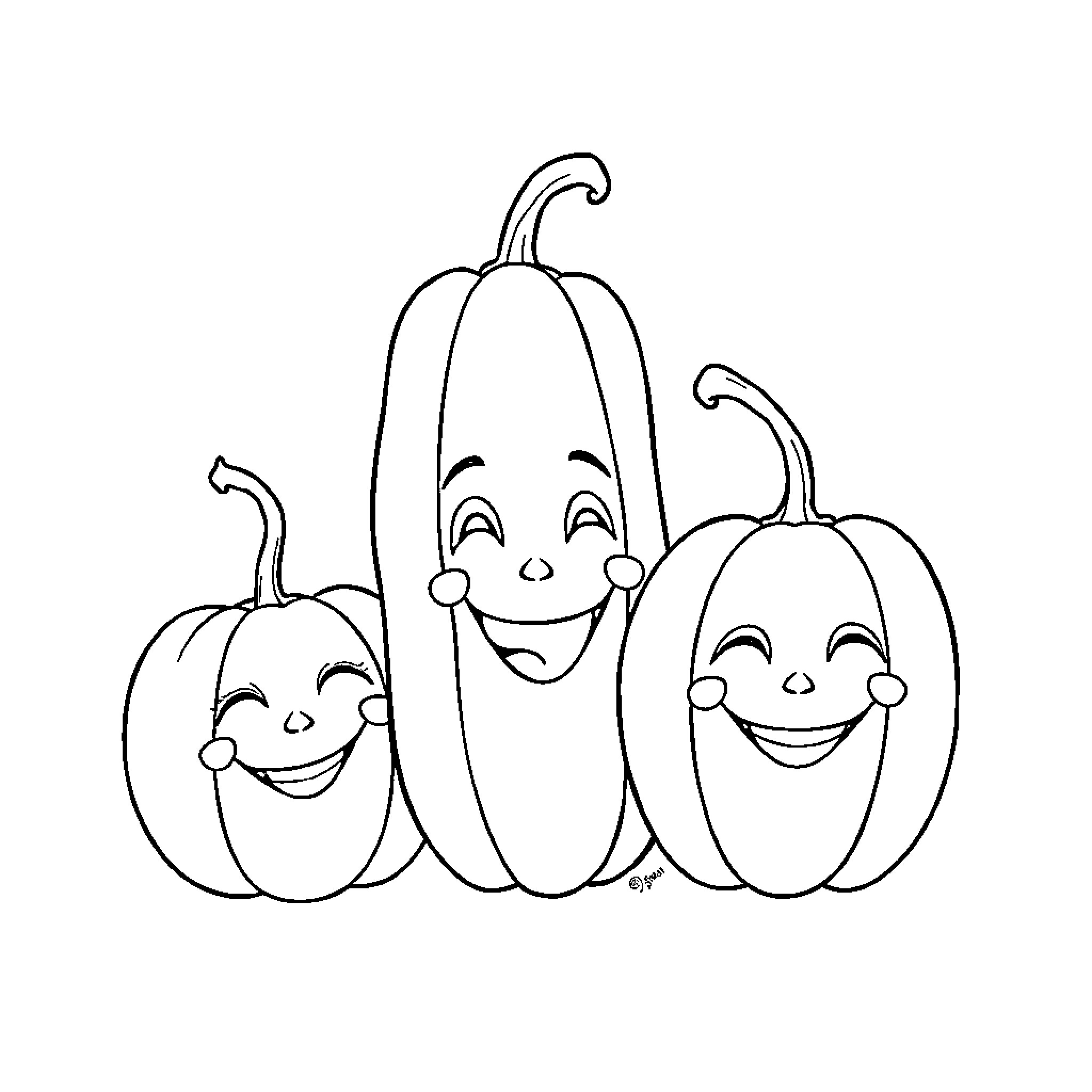 Pumpkin family with happy expressions Coloring Page (free black-and-white line drawing printable PDF for all, from beginners to advanced learners, including children, teens, adults, and seniors)