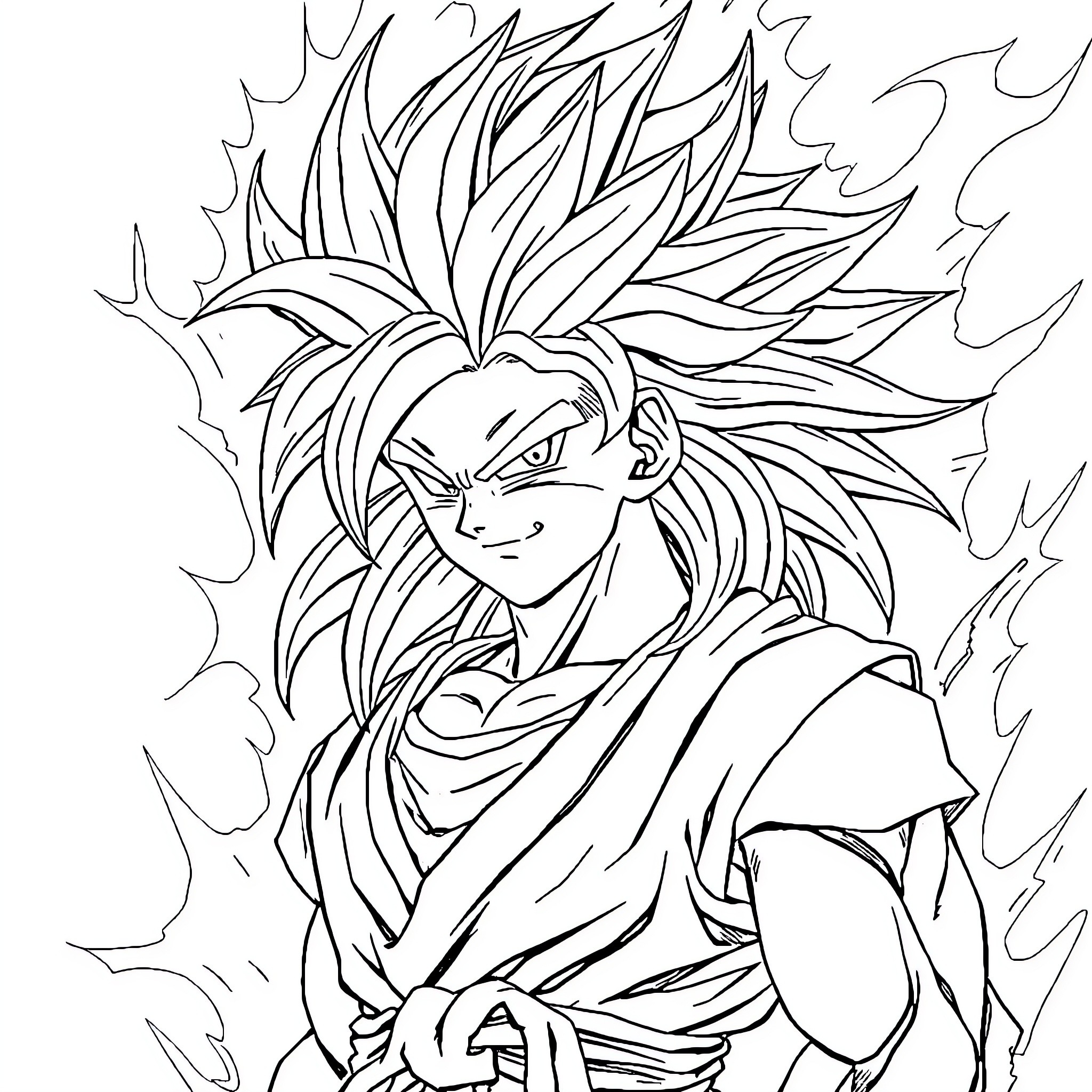 Sangoku's Fierce Transformation in Battle Coloring Page (free black-and-white line drawing printable PDF for all, from beginners to advanced learners, including children, teens, adults, and seniors)