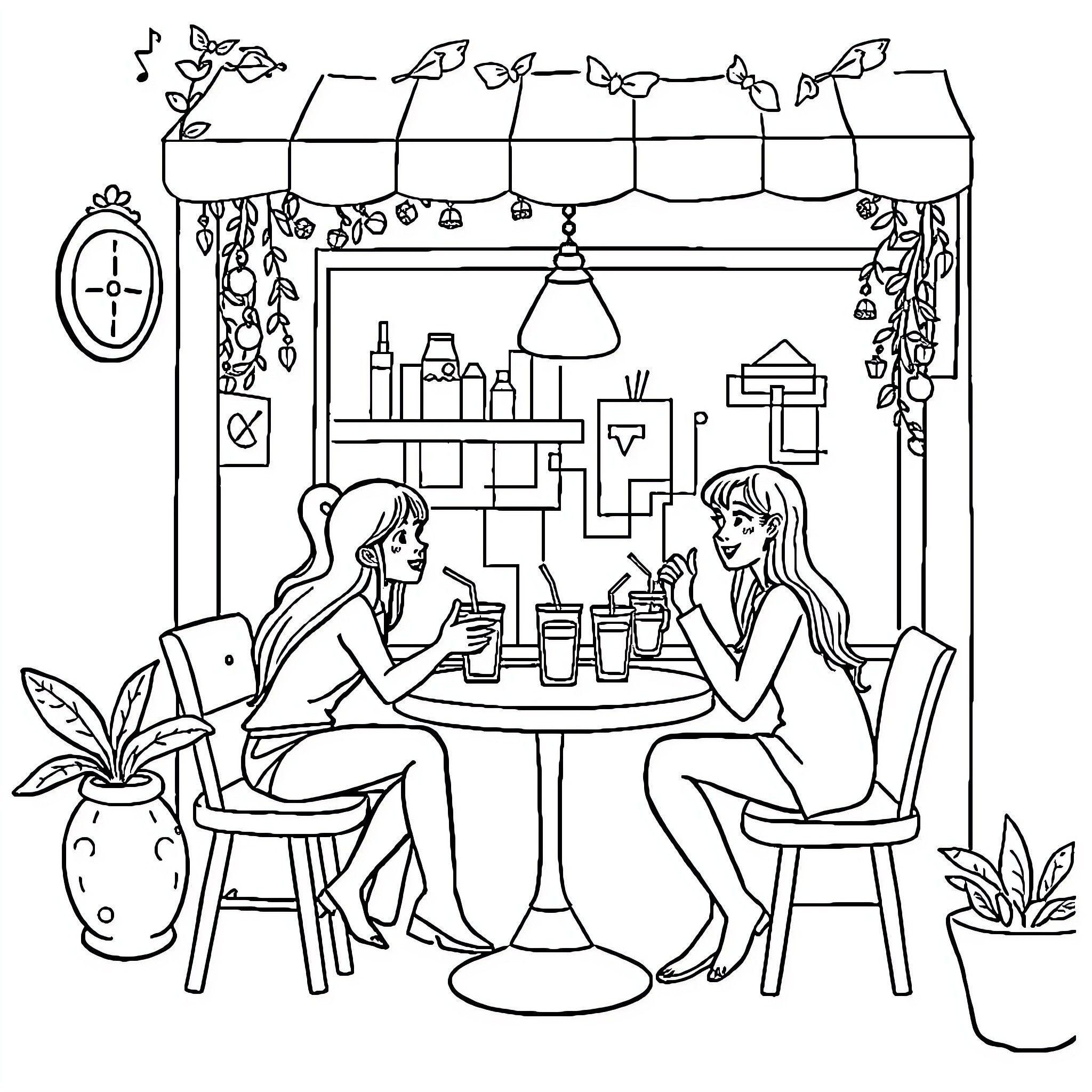Bubble Tea Friends Chatting and Relaxing Coloring Page (free black-and-white line drawing printable PDF for all, from beginners to advanced learners, including children, teens, adults, and seniors)
