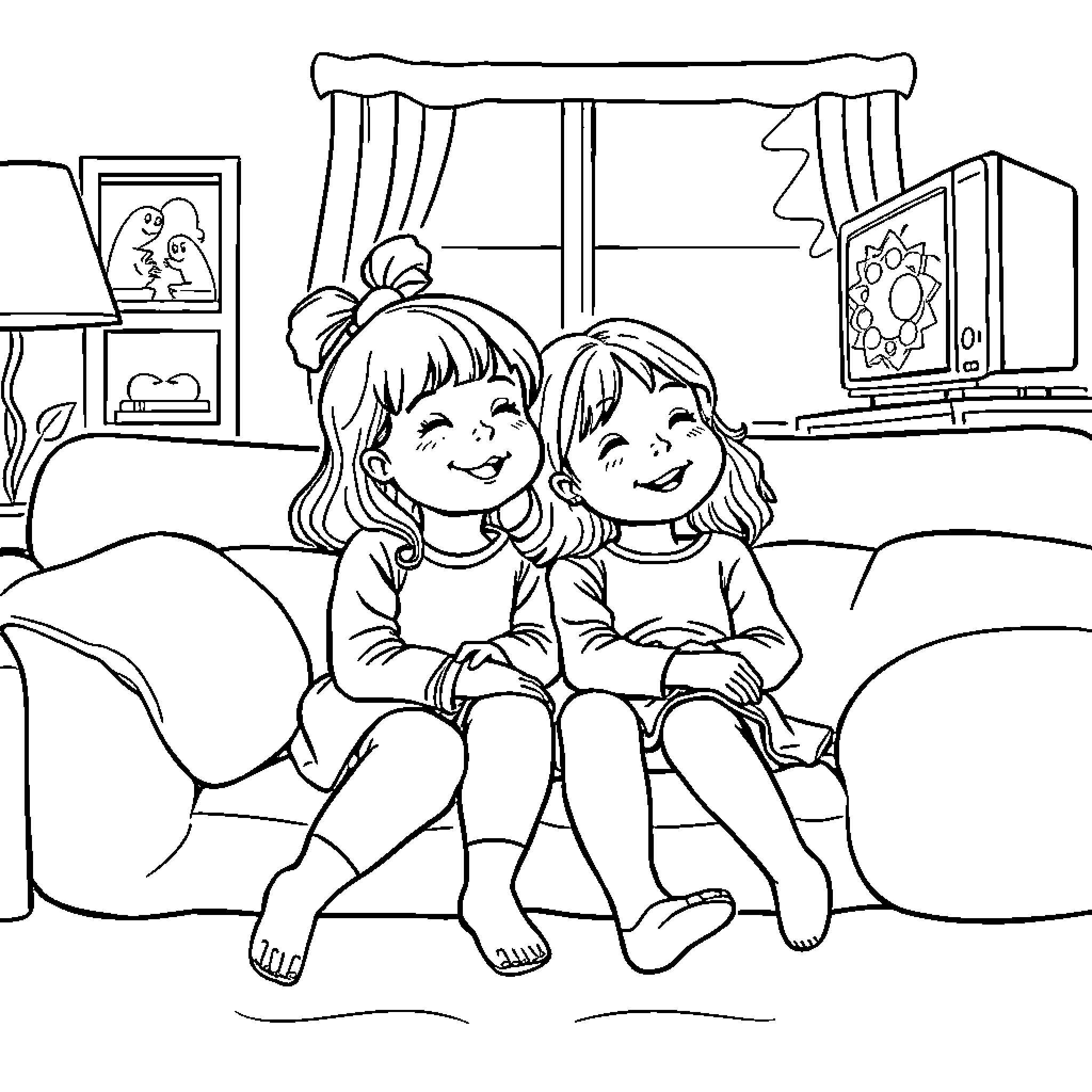 Girls enjoying a cozy moment on the sofa Coloring Page (free black-and-white line drawing printable PDF for all, from beginners to advanced learners, including children, teens, adults, and seniors)