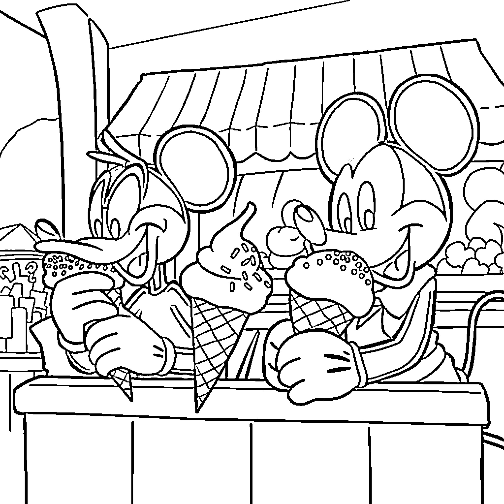 Duck characters enjoying fun market scene Coloring Page (free black-and-white line drawing printable PDF for all, from beginners to advanced learners, including children, teens, adults, and seniors)