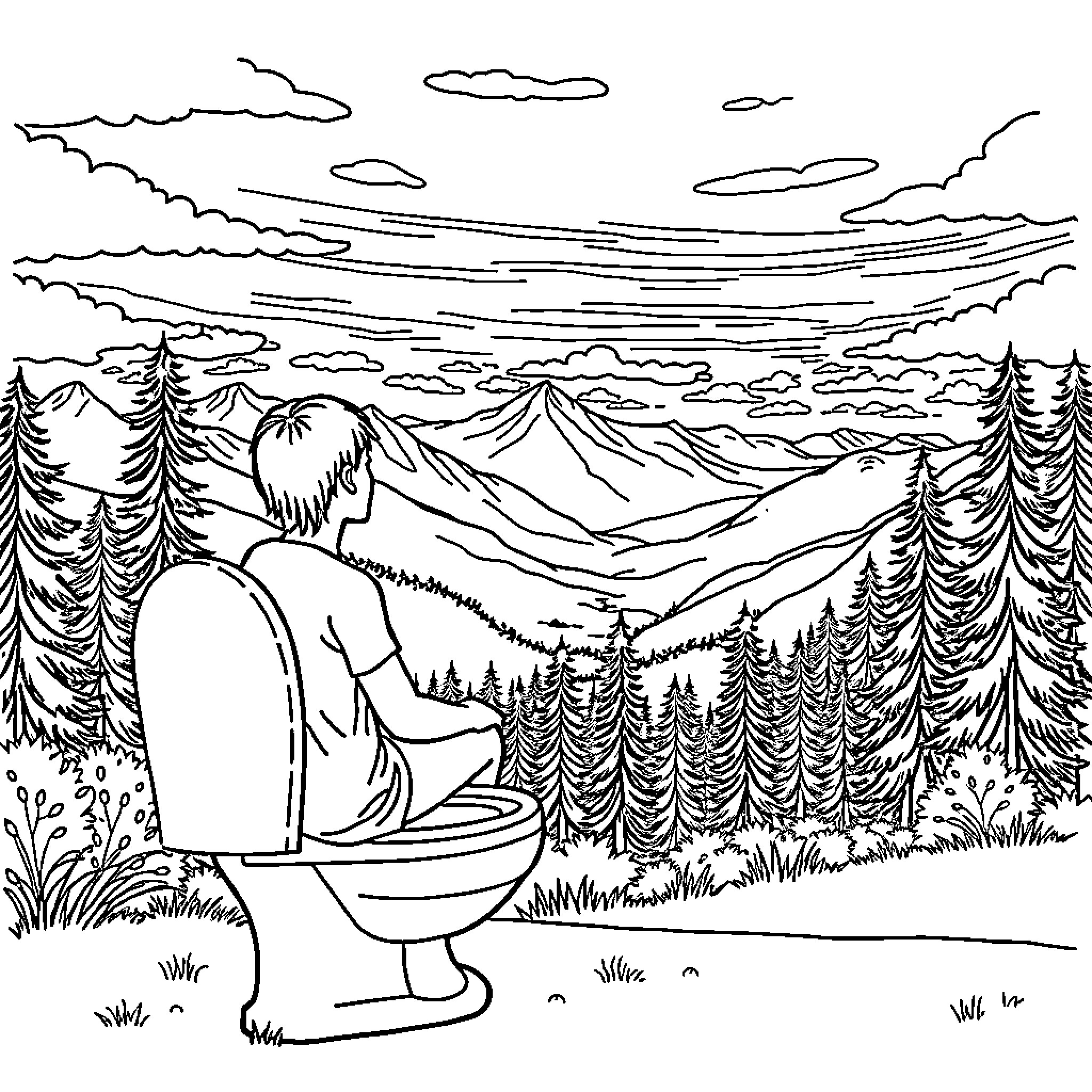 Person sitting on toilet enjoying scenic mountain view Coloring Page (free black-and-white line drawing printable PDF for all, from beginners to advanced learners, including children, teens, adults, and seniors)