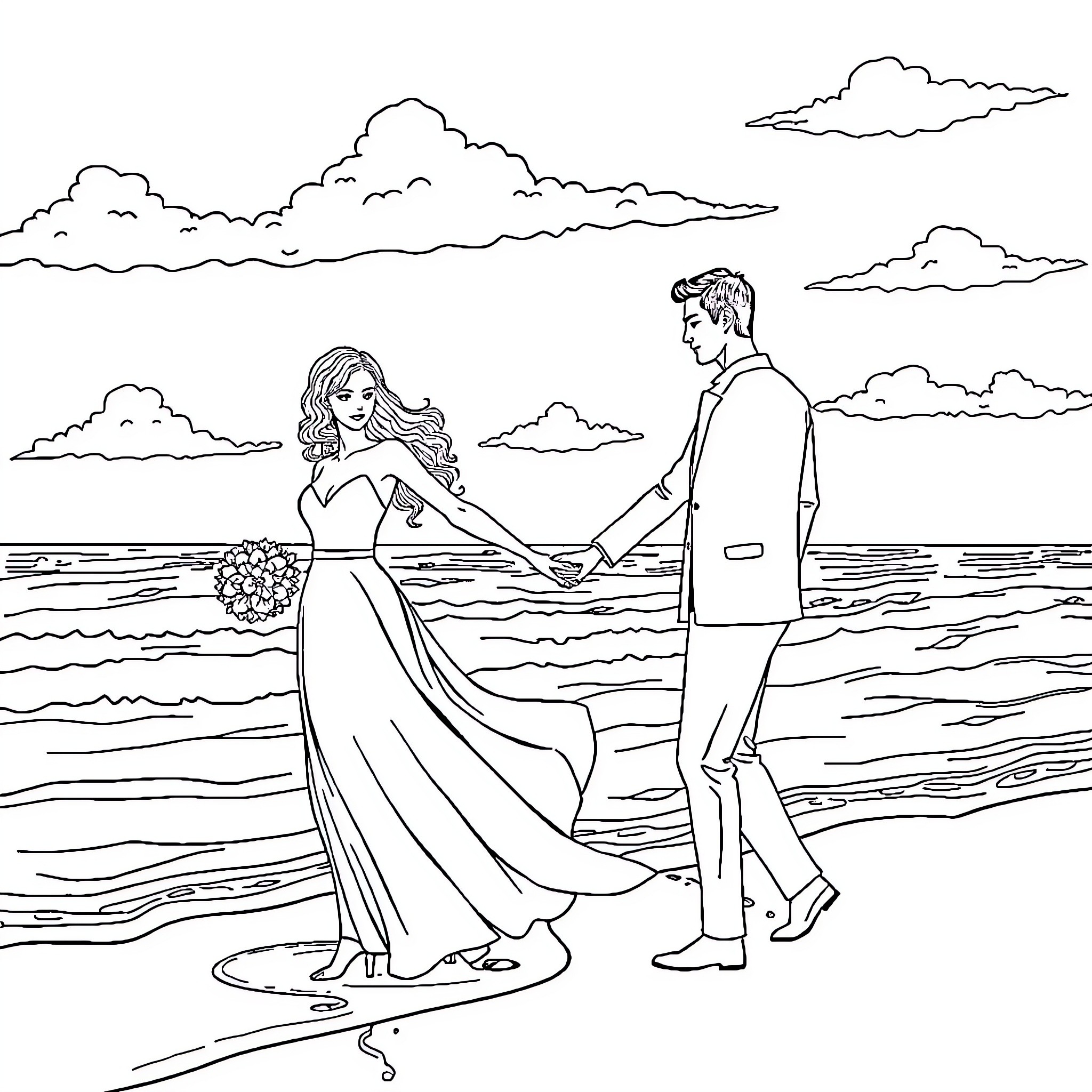 Marie's romantic walk with her partner on the beach Coloring Page (free black-and-white line drawing printable PDF for all, from beginners to advanced learners, including children, teens, adults, and seniors)