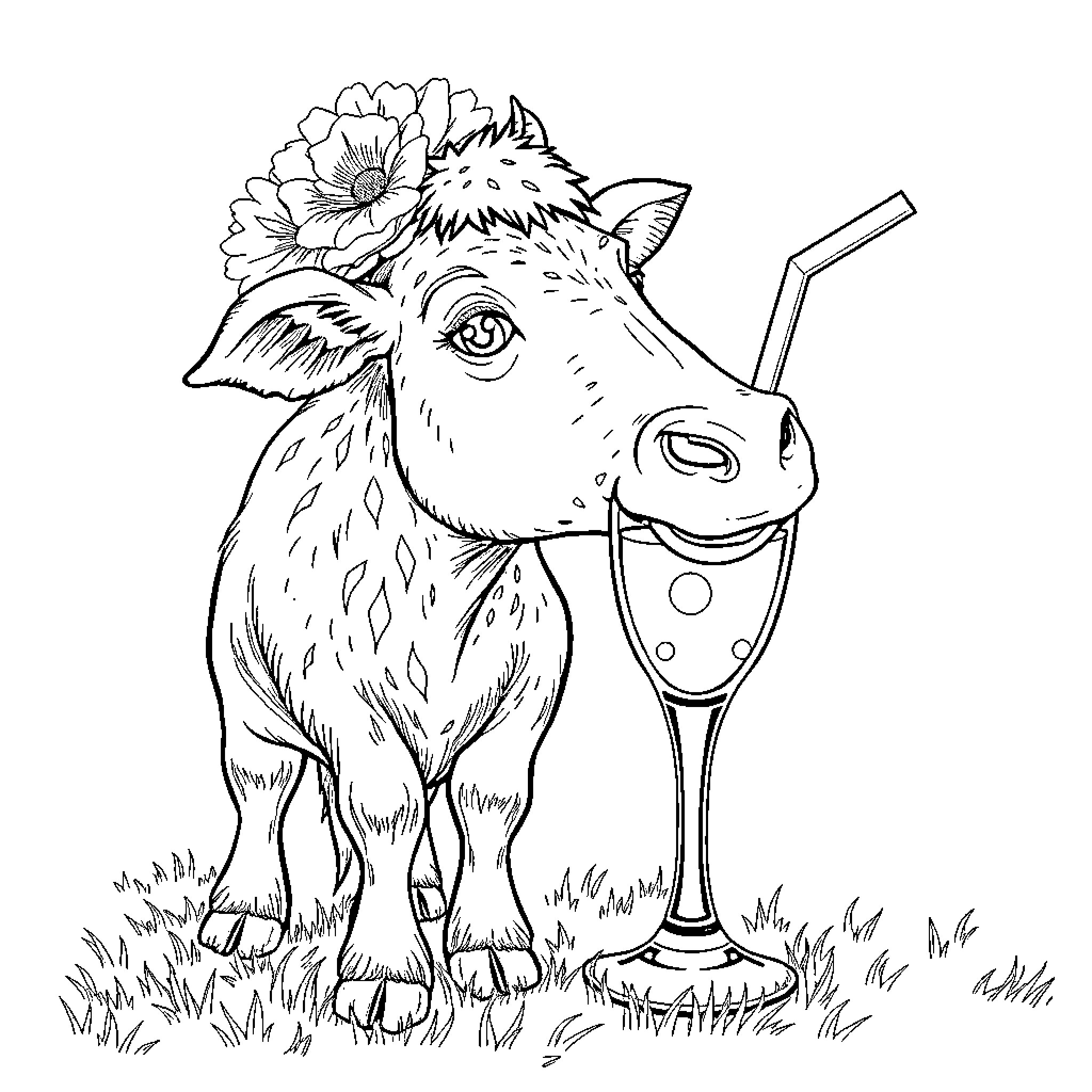 Football Cup: Cheerful Cow Enjoying a Drink Coloring Page (free black-and-white line drawing printable PDF for all, from beginners to advanced learners, including children, teens, adults, and seniors)