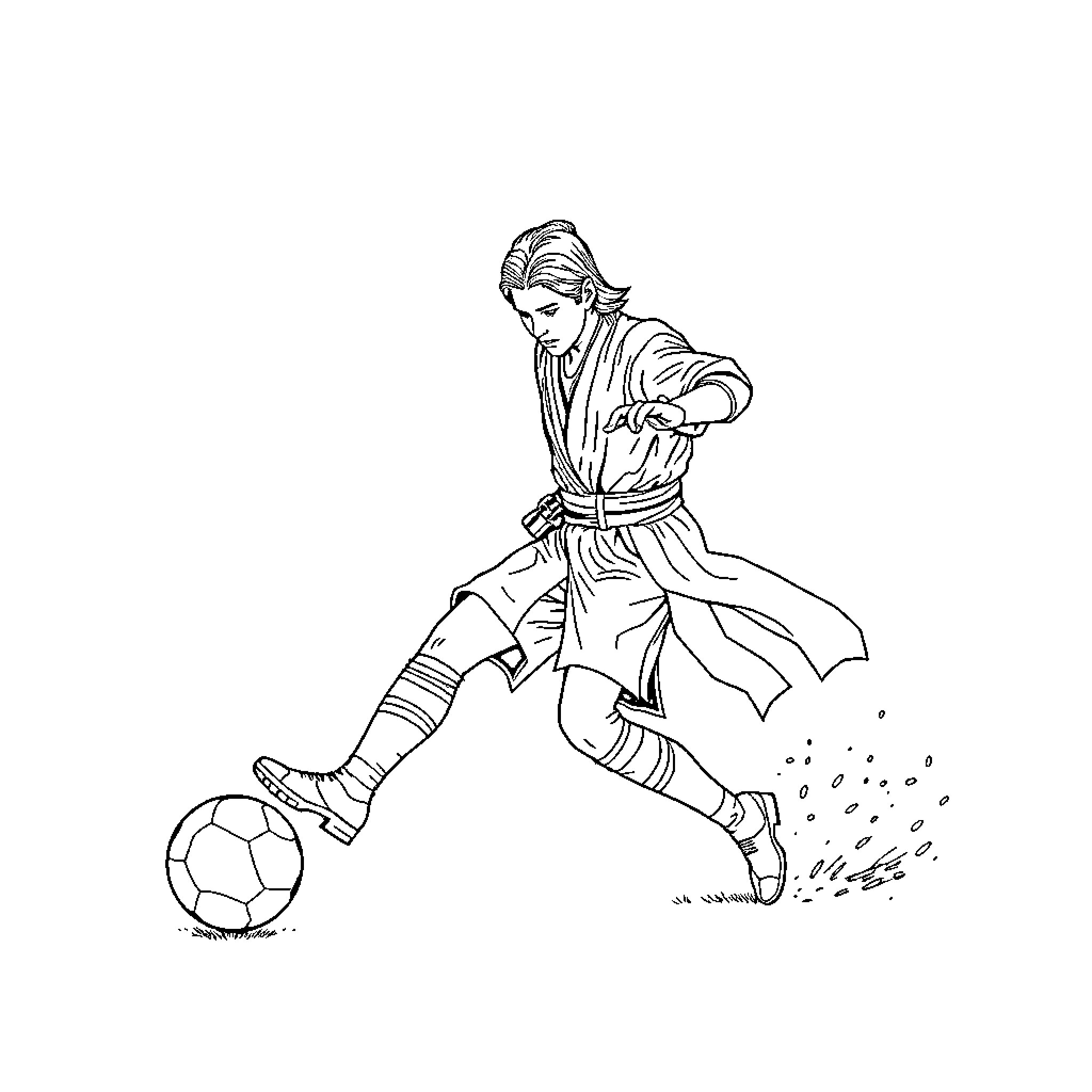 Obi-Wan Kenobi kicking football with determination Coloring Page (free black-and-white line drawing printable PDF for all, from beginners to advanced learners, including children, teens, adults, and seniors)