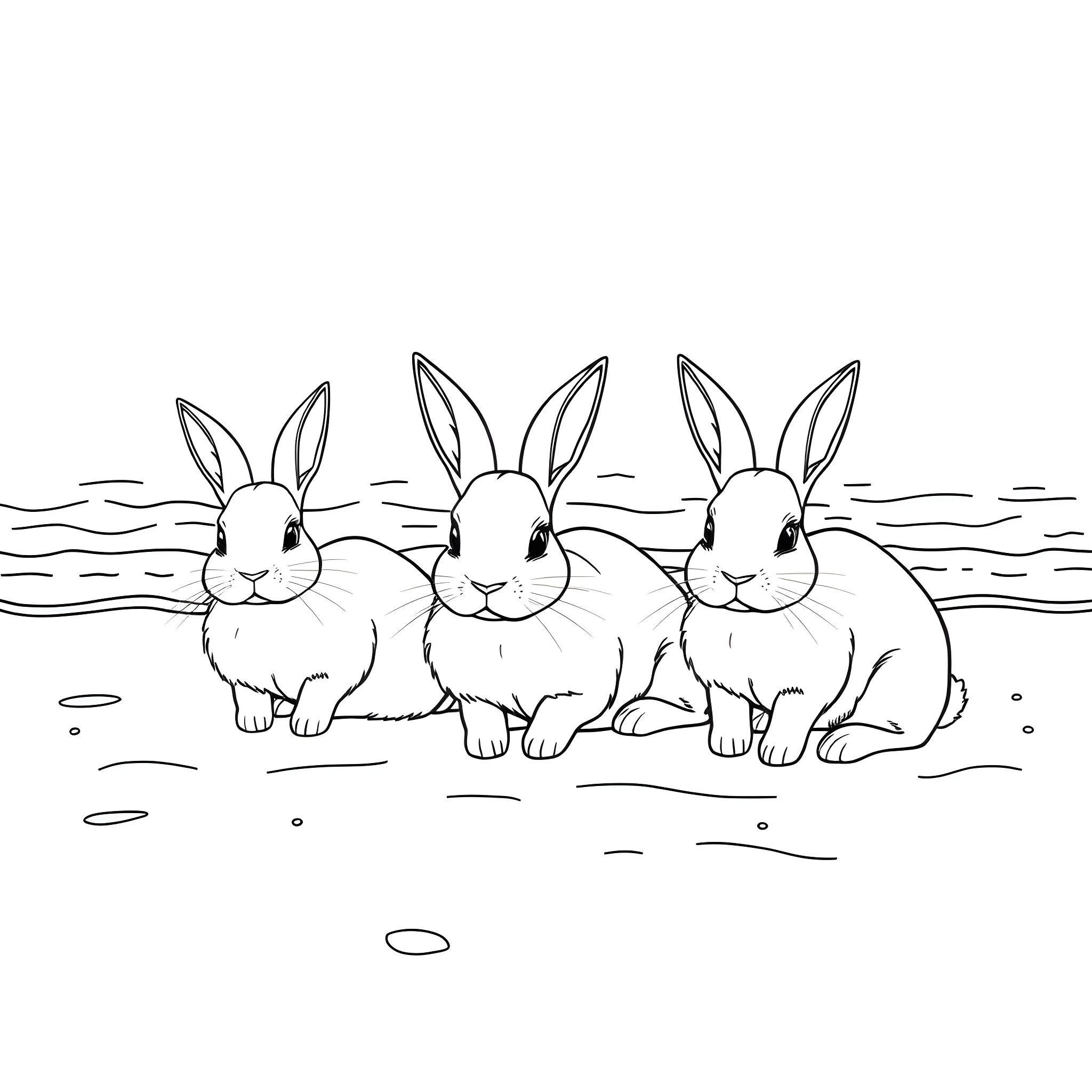Bunny trio relaxing in the field Coloring Page (free black-and-white line drawing printable PDF for all, from beginners to advanced learners, including children, teens, adults, and seniors)