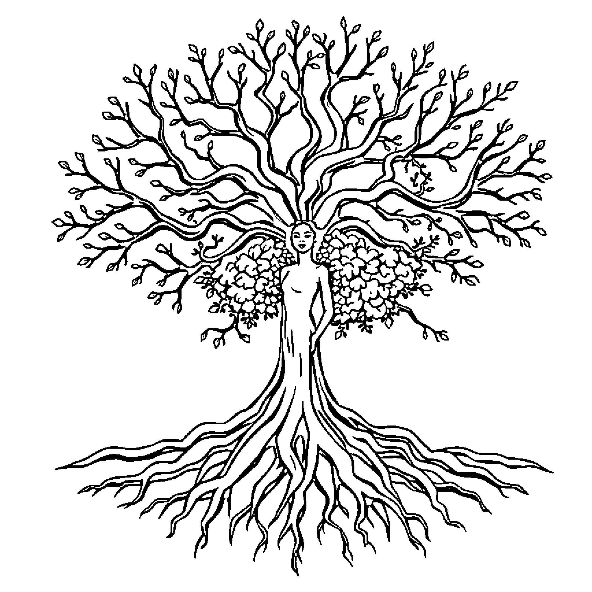 Woman emerging from whimsical tree Coloring Page (free black-and-white line drawing printable PDF for all, from beginners to advanced learners, including children, teens, adults, and seniors)