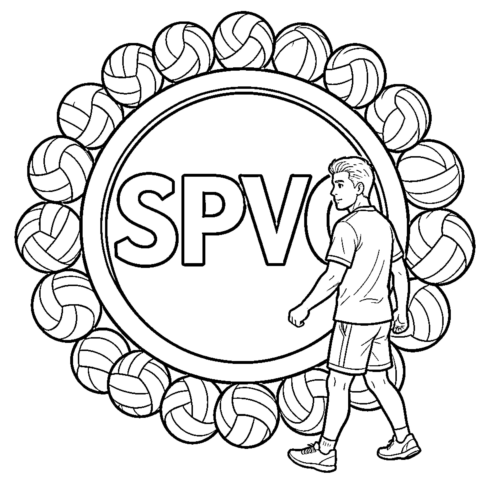 Logo with player dribbling volleyball in circular design Coloring Page (free black-and-white line drawing printable PDF for all, from beginners to advanced learners, including children, teens, adults, and seniors)