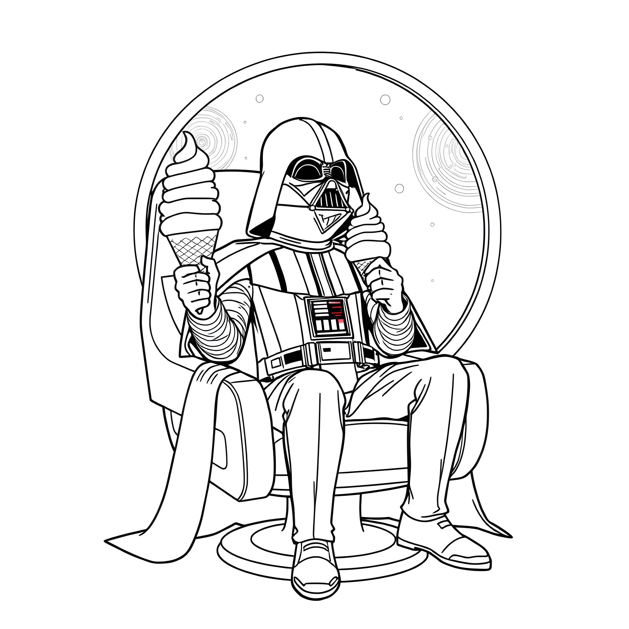 Darth Vader sitting in contemplation Coloring Page (free black-and-white line drawing printable PDF for all, from beginners to advanced learners, including children, teens, adults, and seniors)