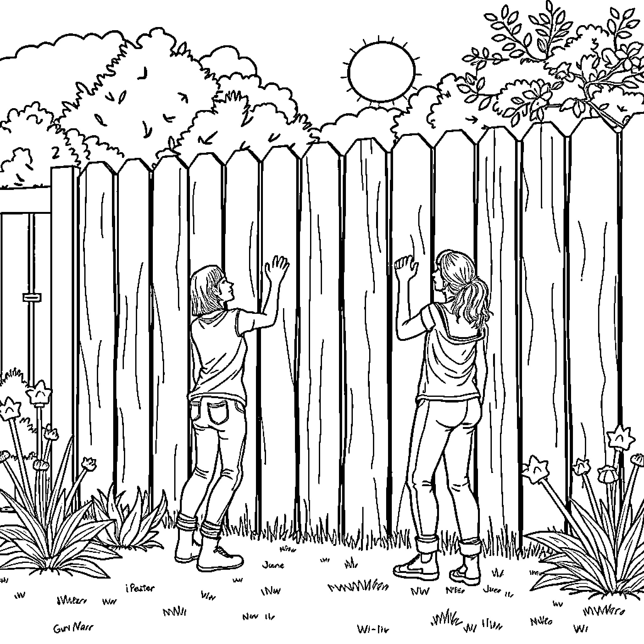 Women walking through a rural landscape Coloring Page (free black-and-white line drawing printable PDF for all, from beginners to advanced learners, including children, teens, adults, and seniors)