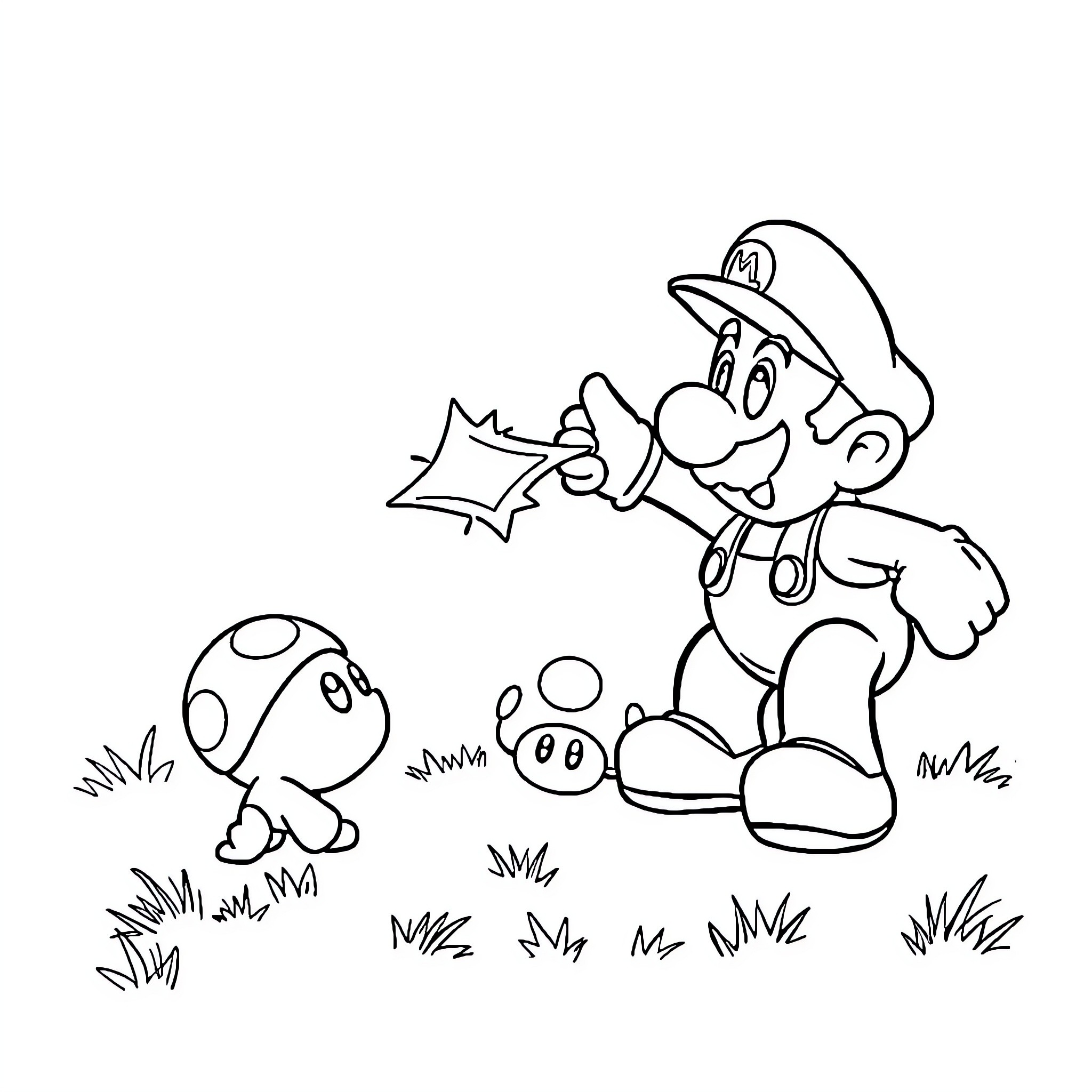 Super Mario Exploring the Mushroom Kingdom Coloring Page (free black-and-white line drawing printable PDF for all, from beginners to advanced learners, including children, teens, adults, and seniors)