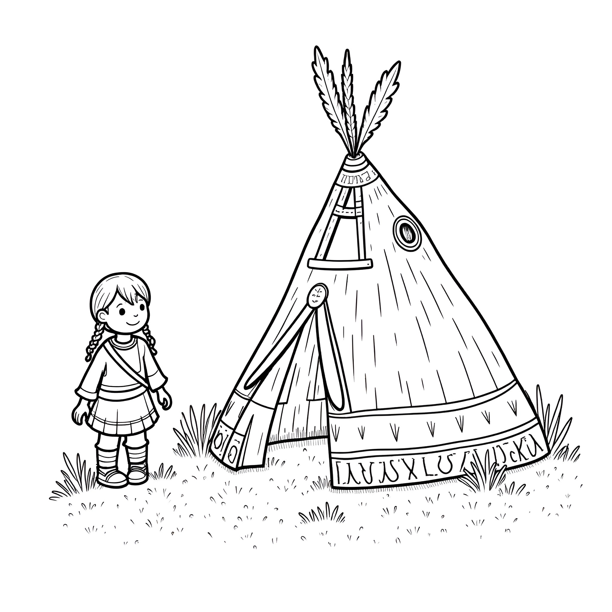 Kid standing beside a colorful teepee Coloring Page (free black-and-white line drawing printable PDF for all, from beginners to advanced learners, including children, teens, adults, and seniors)