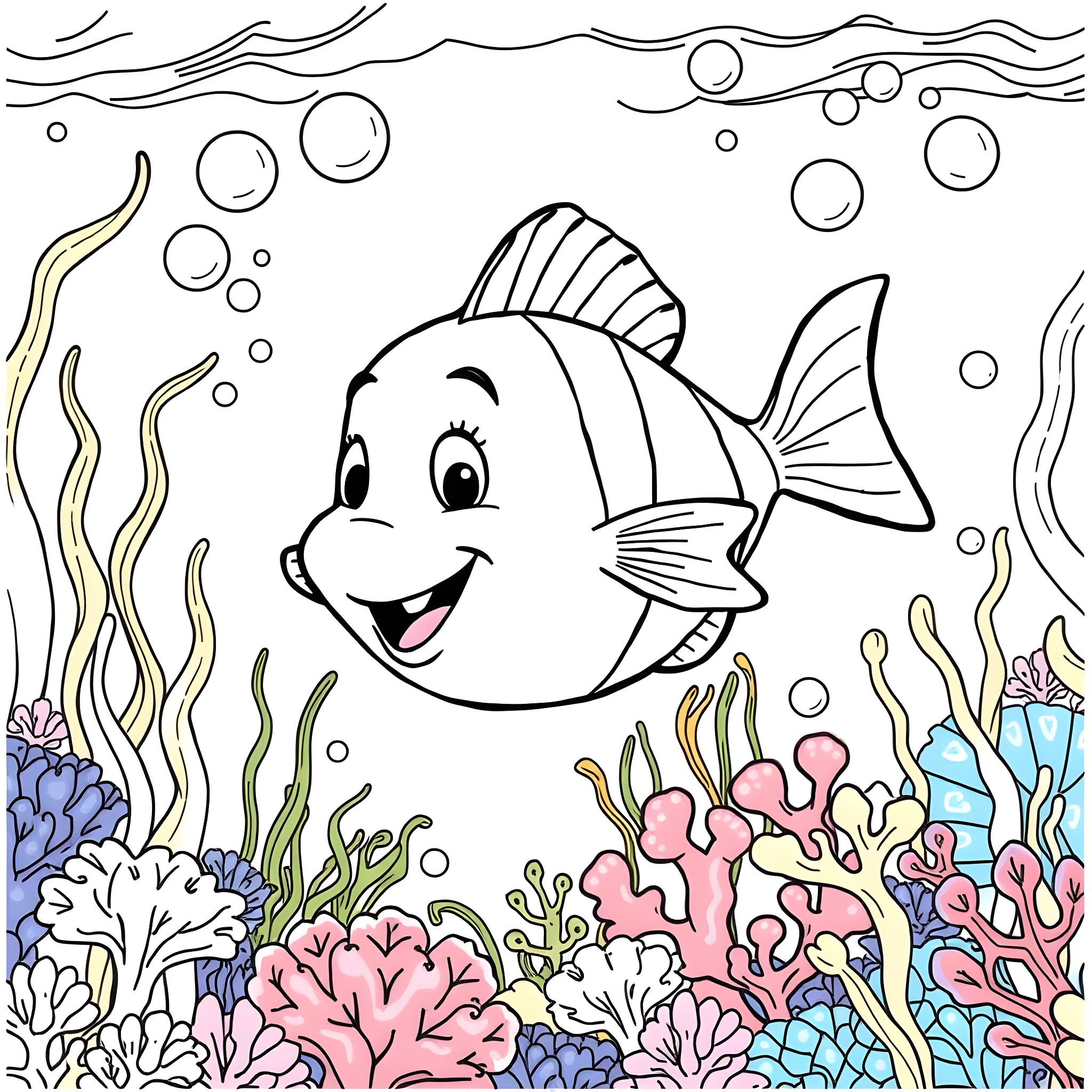 Flounder swimming happily in the underwater coral reef Coloring Page (free black-and-white line drawing printable PDF for all, from beginners to advanced learners, including children, teens, adults, and seniors)