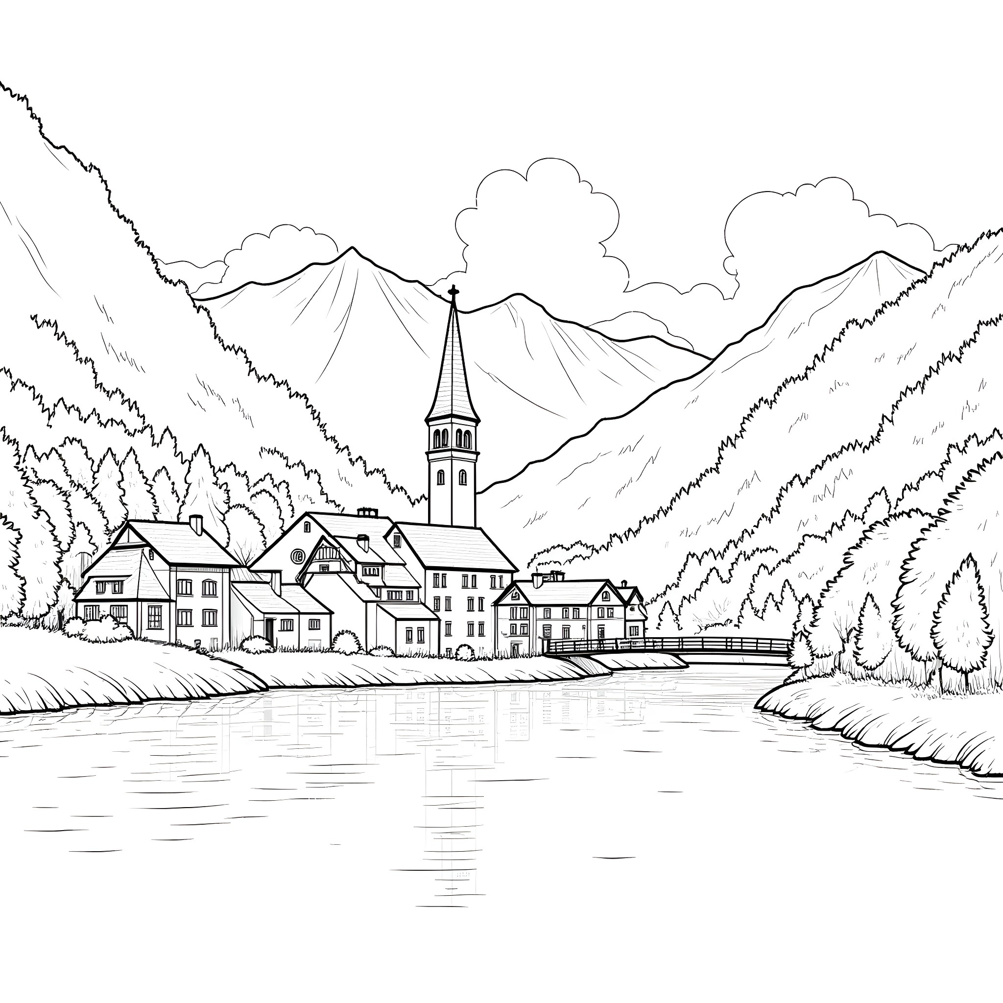 Town nestled by the river in the mountains Coloring Page (free black-and-white line drawing printable PDF for all, from beginners to advanced learners, including children, teens, adults, and seniors)