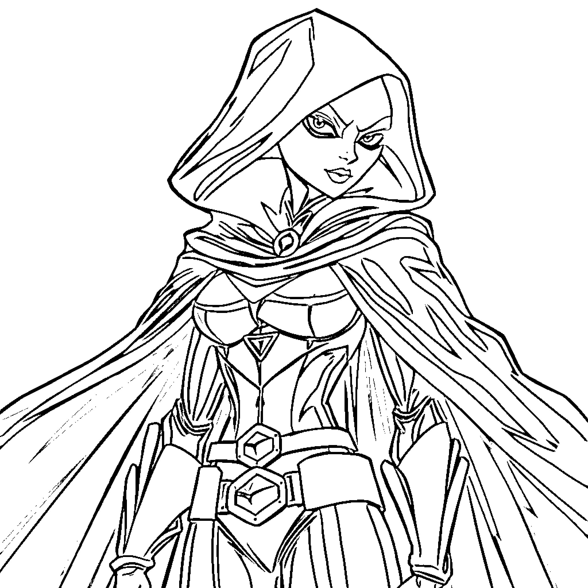 Raven warrior in battle-ready attire Coloring Page (free black-and-white line drawing printable PDF for all, from beginners to advanced learners, including children, teens, adults, and seniors)