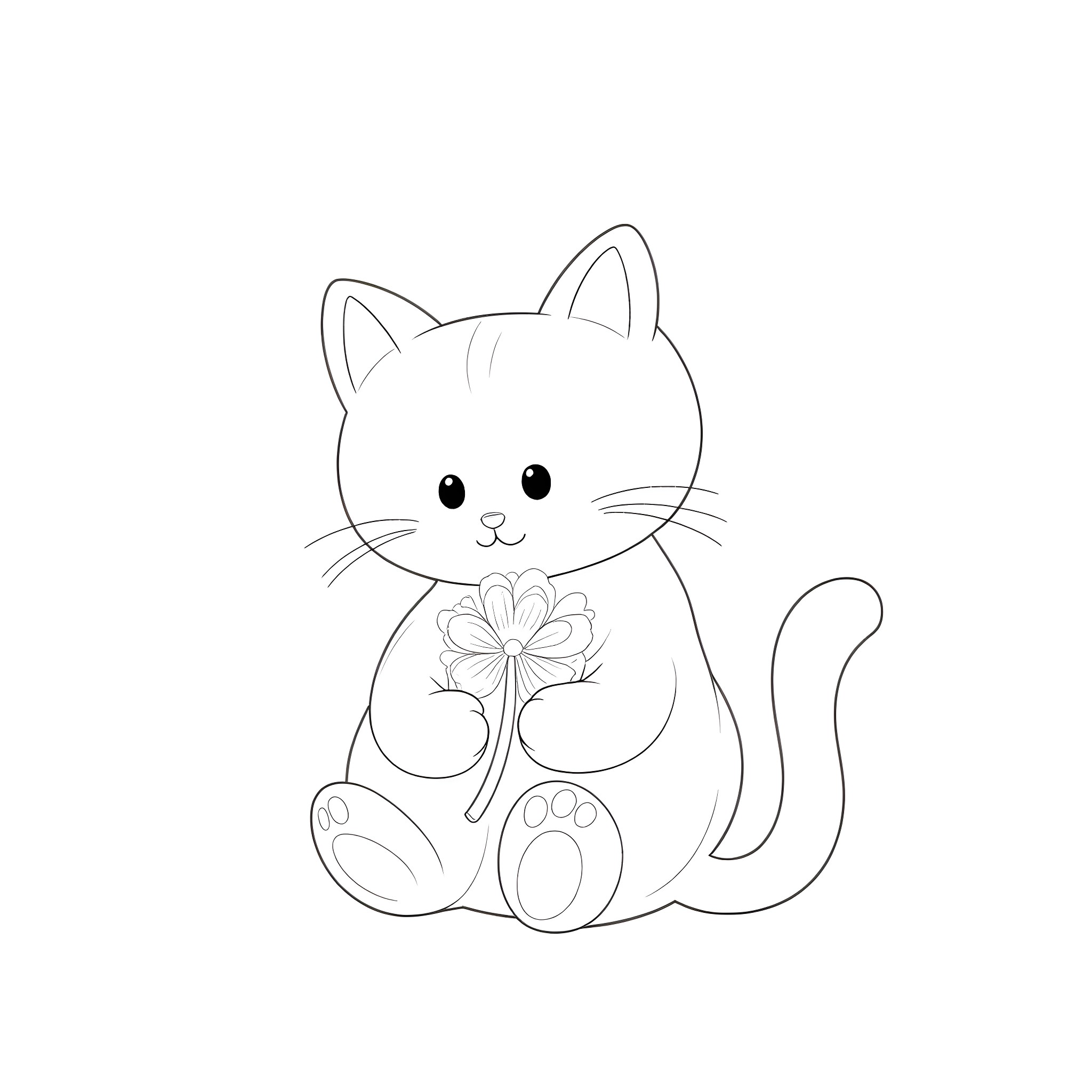 Cat holding a flower Coloring Page (free black-and-white line drawing printable PDF for all, from beginners to advanced learners, including children, teens, adults, and seniors)