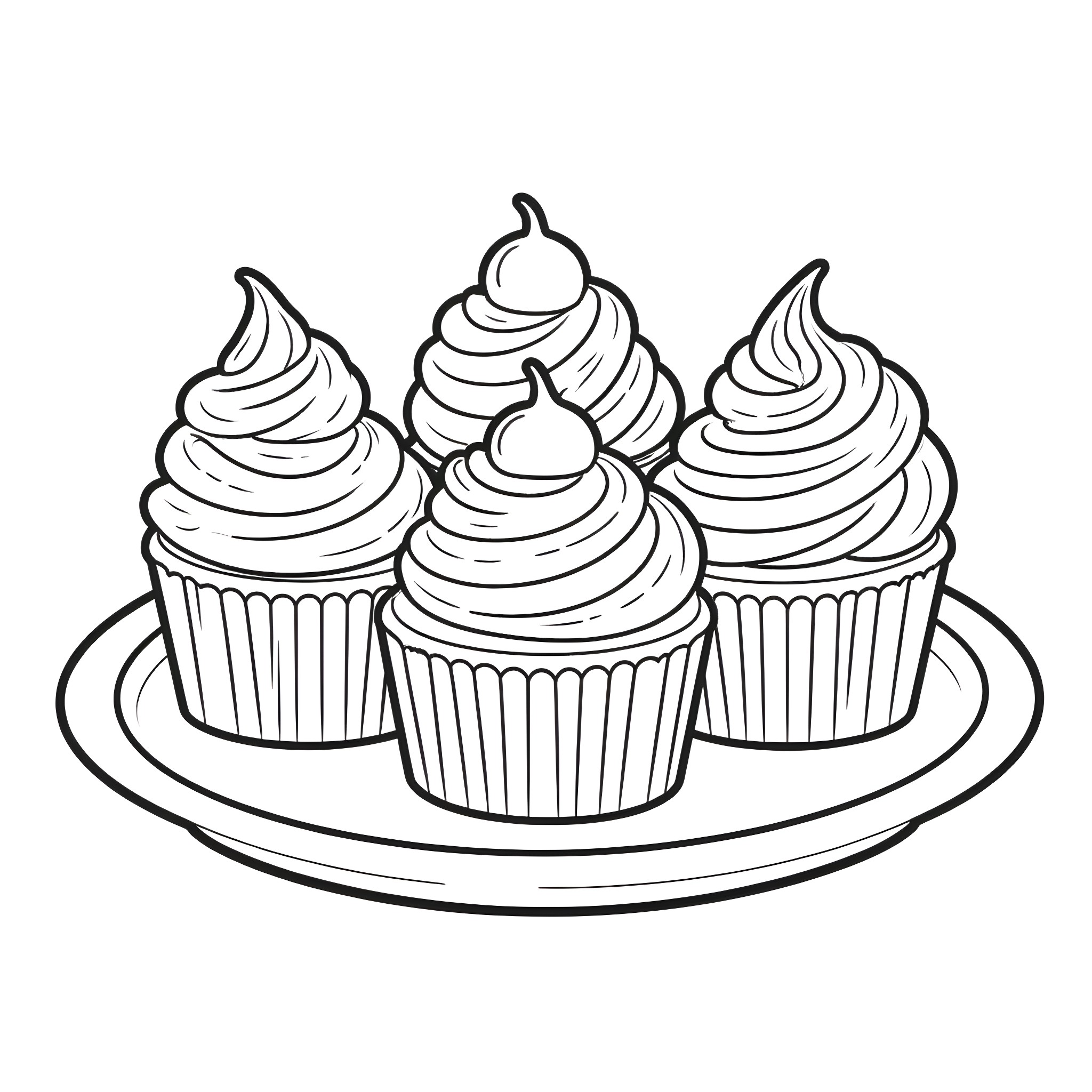 Cupcakes displayed on a plate Coloring Page (free black-and-white line drawing printable PDF for all, from beginners to advanced learners, including children, teens, adults, and seniors)