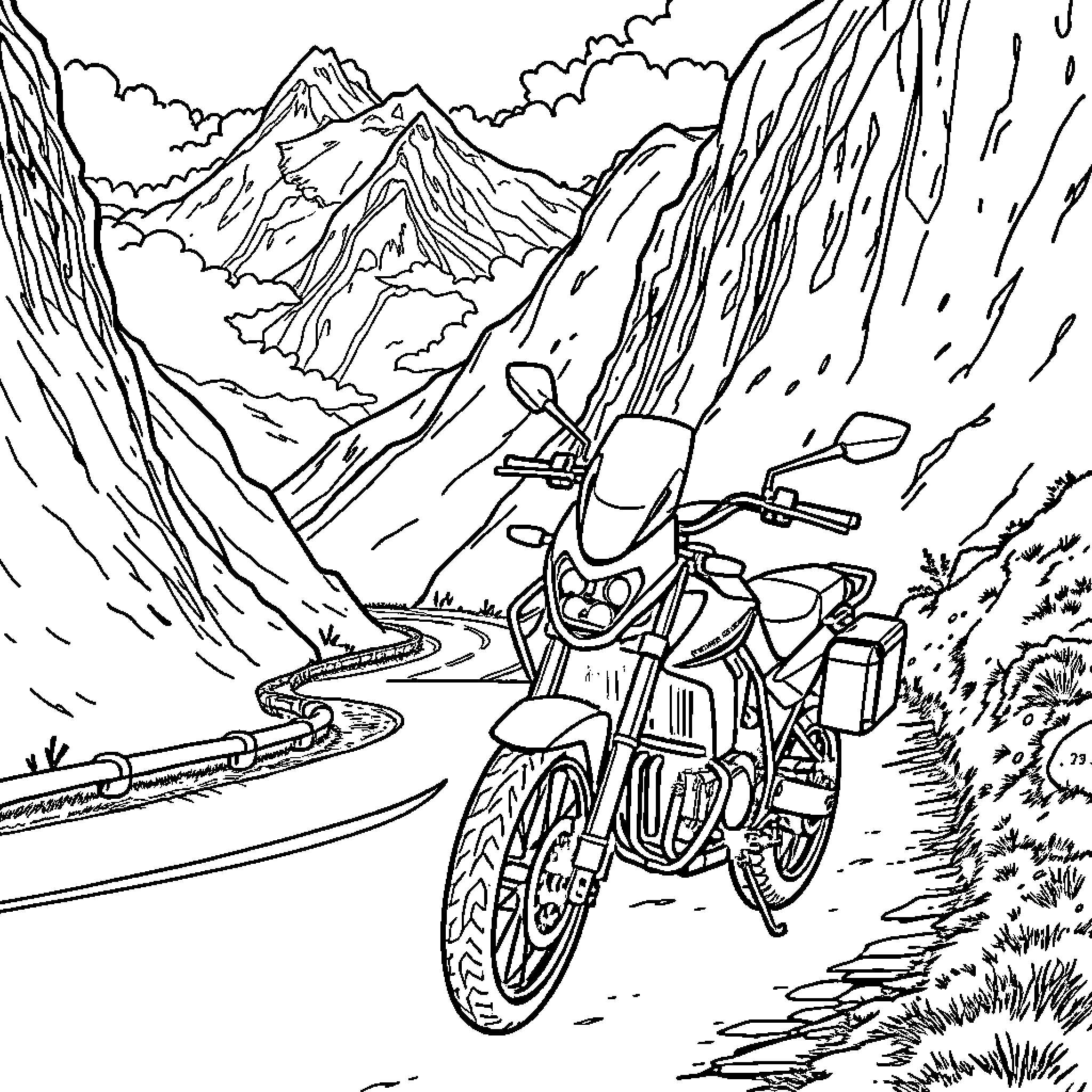Motorbike riding through rugged mountain landscape Coloring Page (free black-and-white line drawing printable PDF for all, from beginners to advanced learners, including children, teens, adults, and seniors)